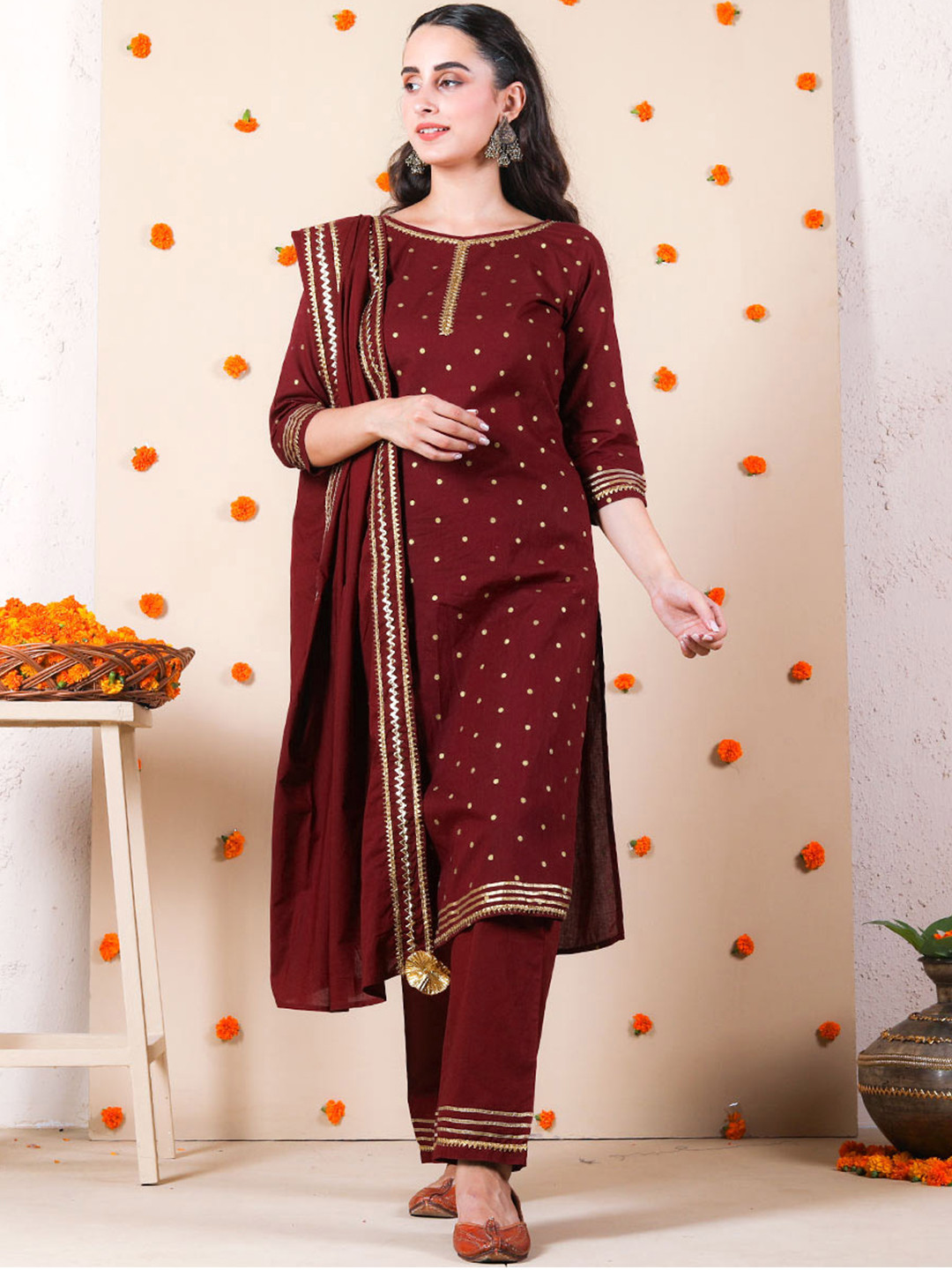 Rustorange Women Maroon Printed Gotta Work Kurta Set