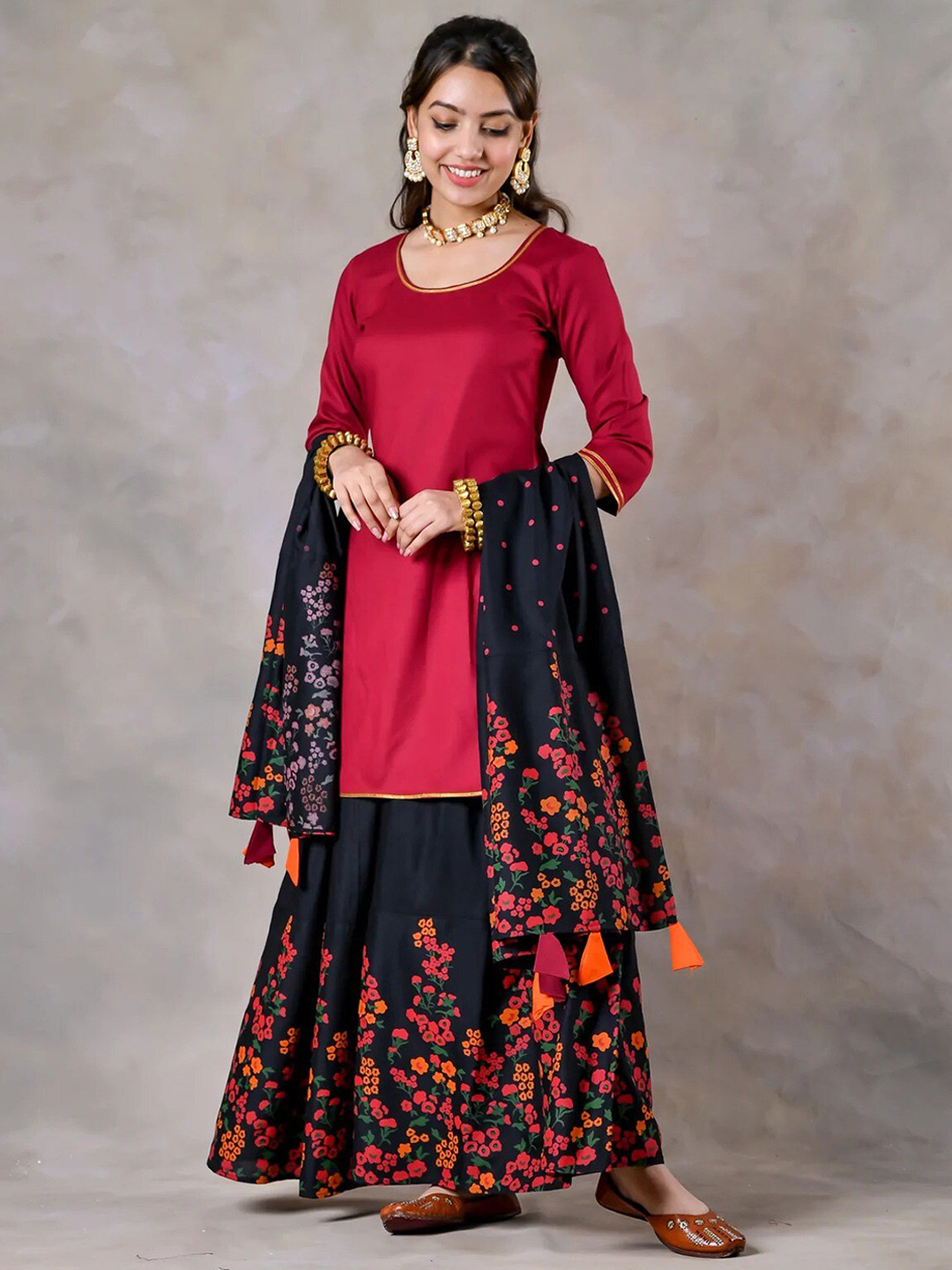 Rustorange Women Maroon Black Kurta Palazzo Set with Dupatta