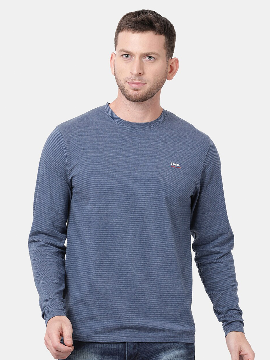 t-base Men Blue Striped Full Sleeve T-shirt