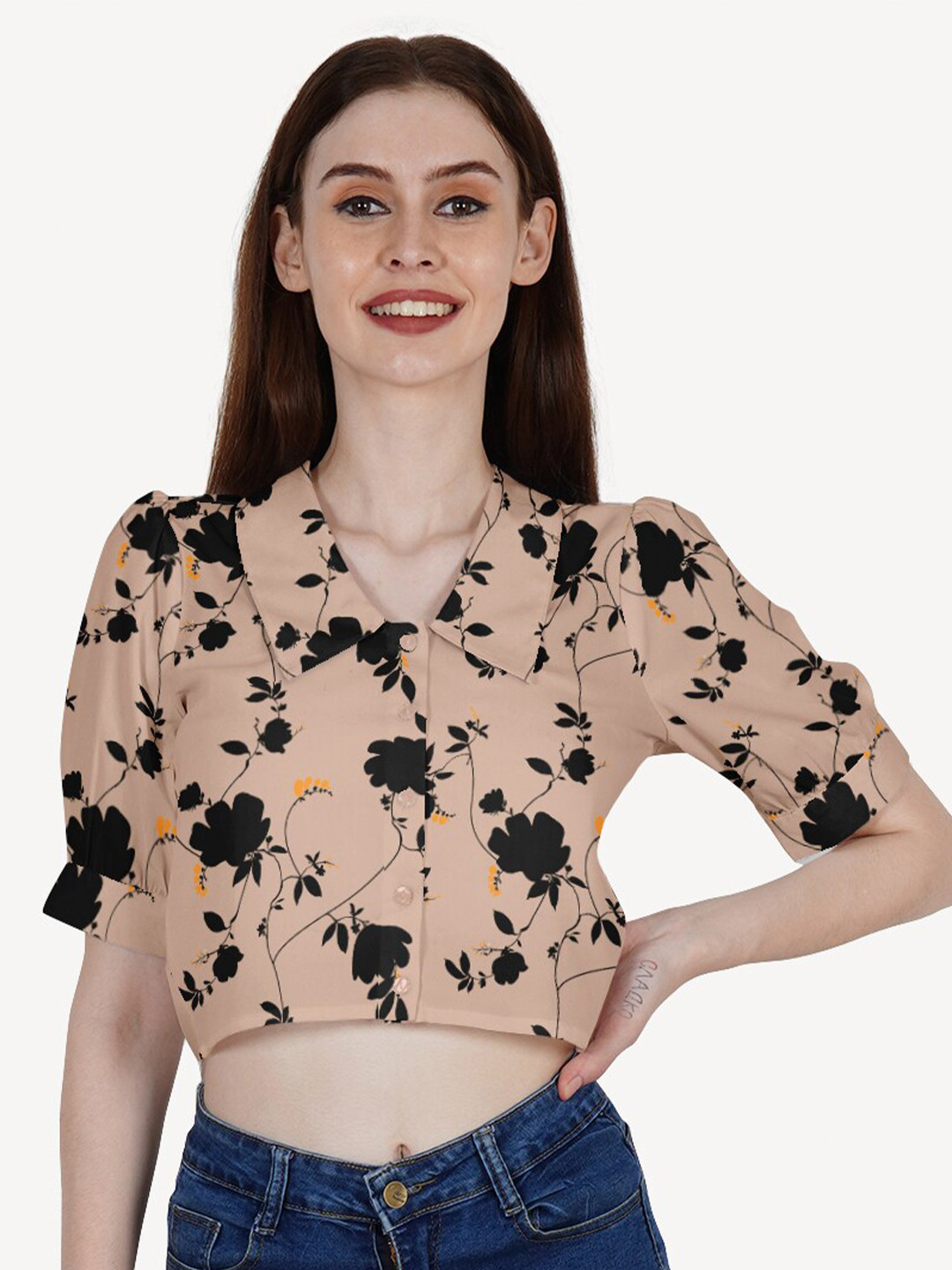 DressBerry Beige & Black Floral Print Shirt Collar Three-Quarter Sleeves Crop Top