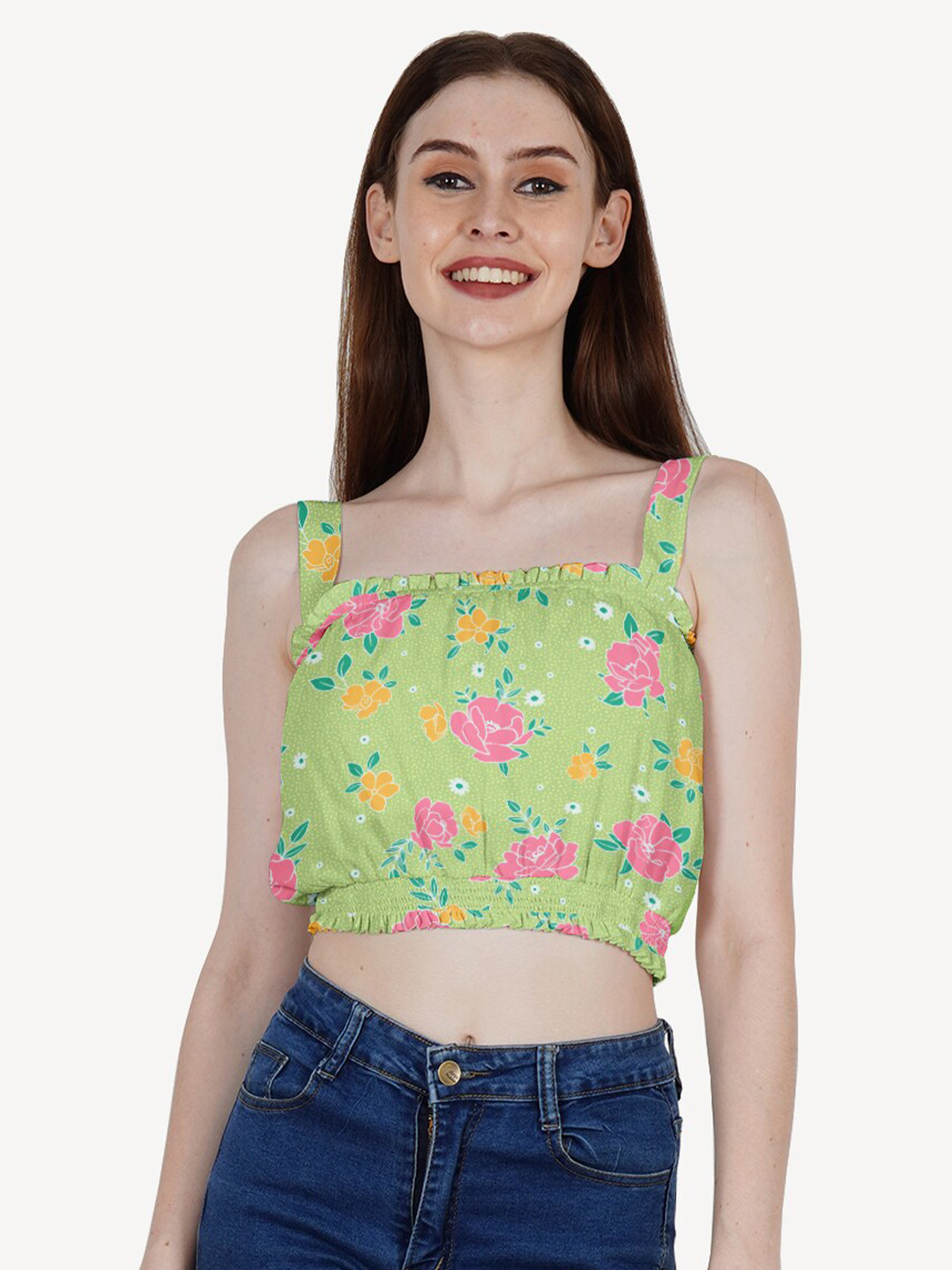 DressBerry Green Floral Print Crepe Bardot Crop Top