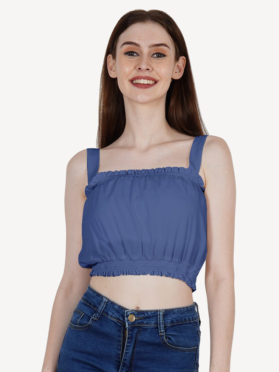 DressBerry Women Blue Crepe Blouson Crop Top