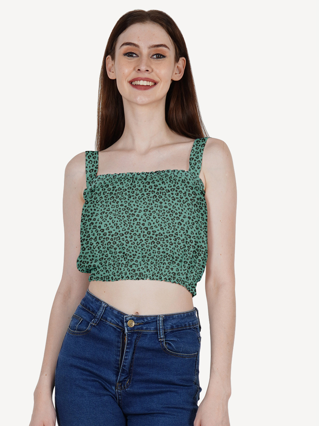 DressBerry Teal Print Crepe Blouson Crop Top
