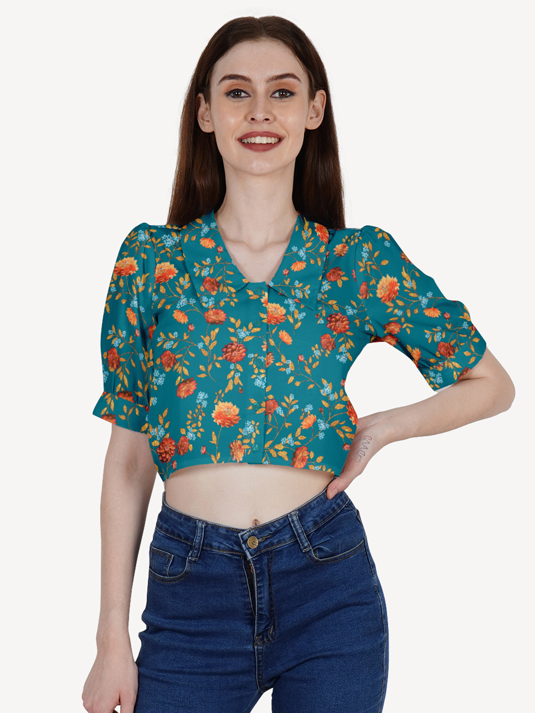 DressBerry Teal Floral Print Crepe Crop Top