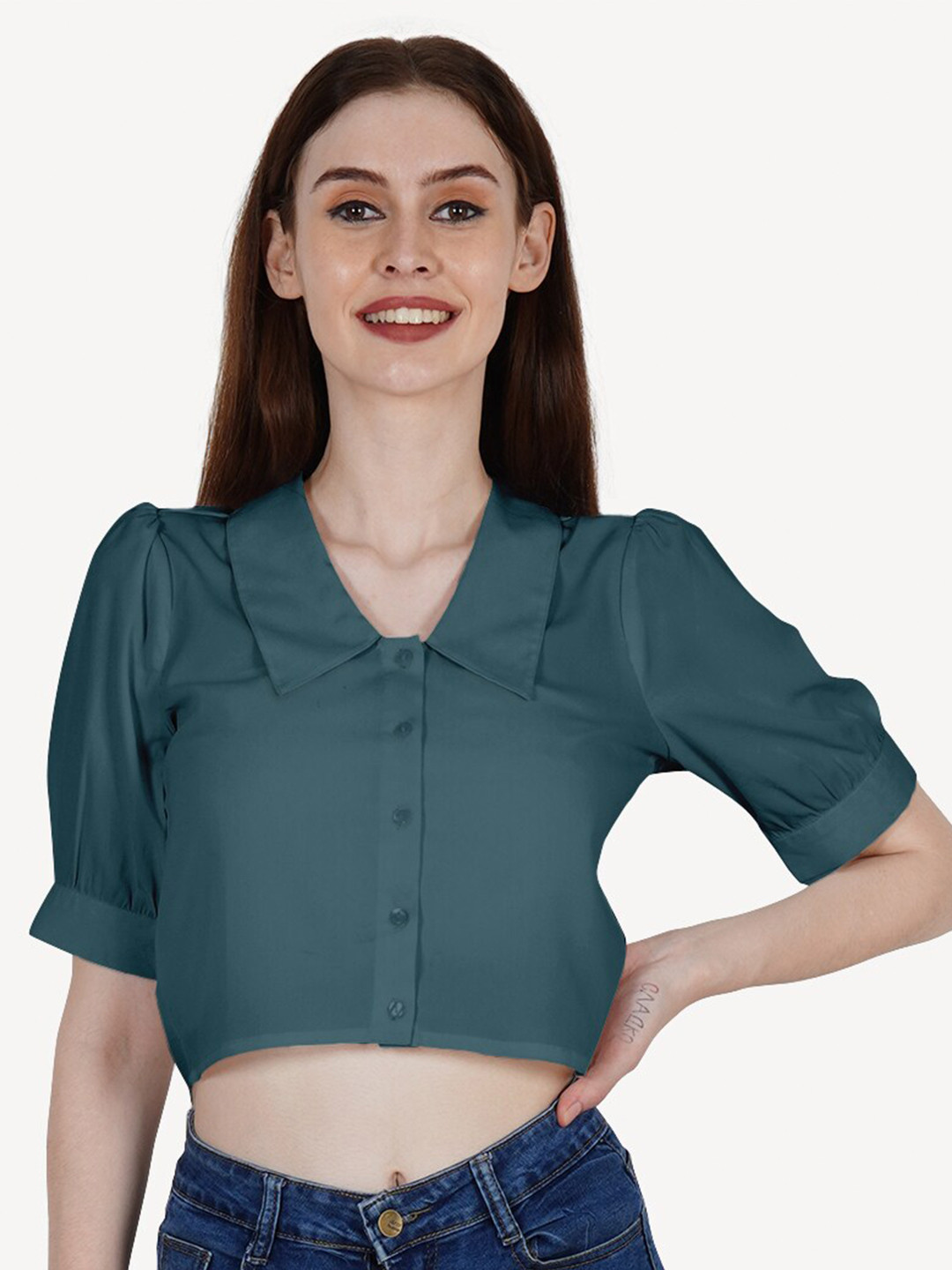 DressBerry Women Teal Crepe Crop Top
