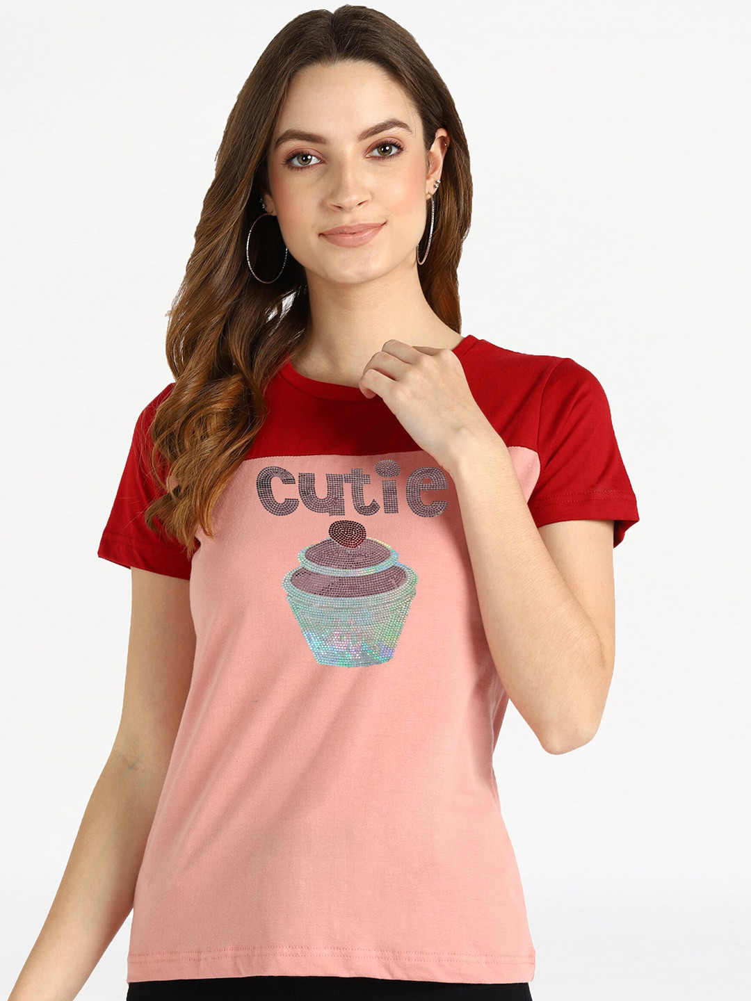 shashvi Women Peach-Coloured & Red Typography Printed Cotton T-shirt
