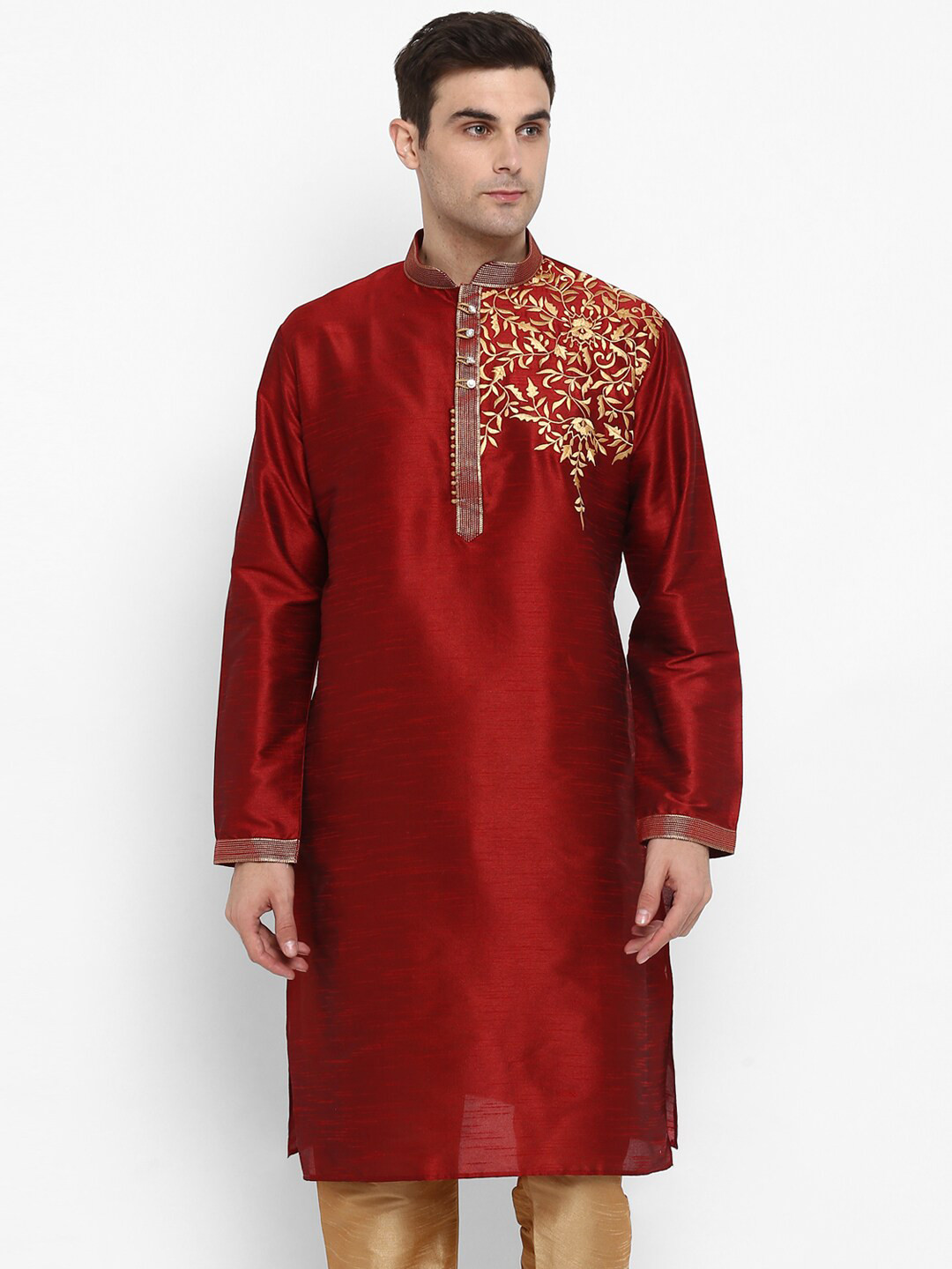 ROYAL KURTA Men Maroon Embroidered Summer Sheers Kurta