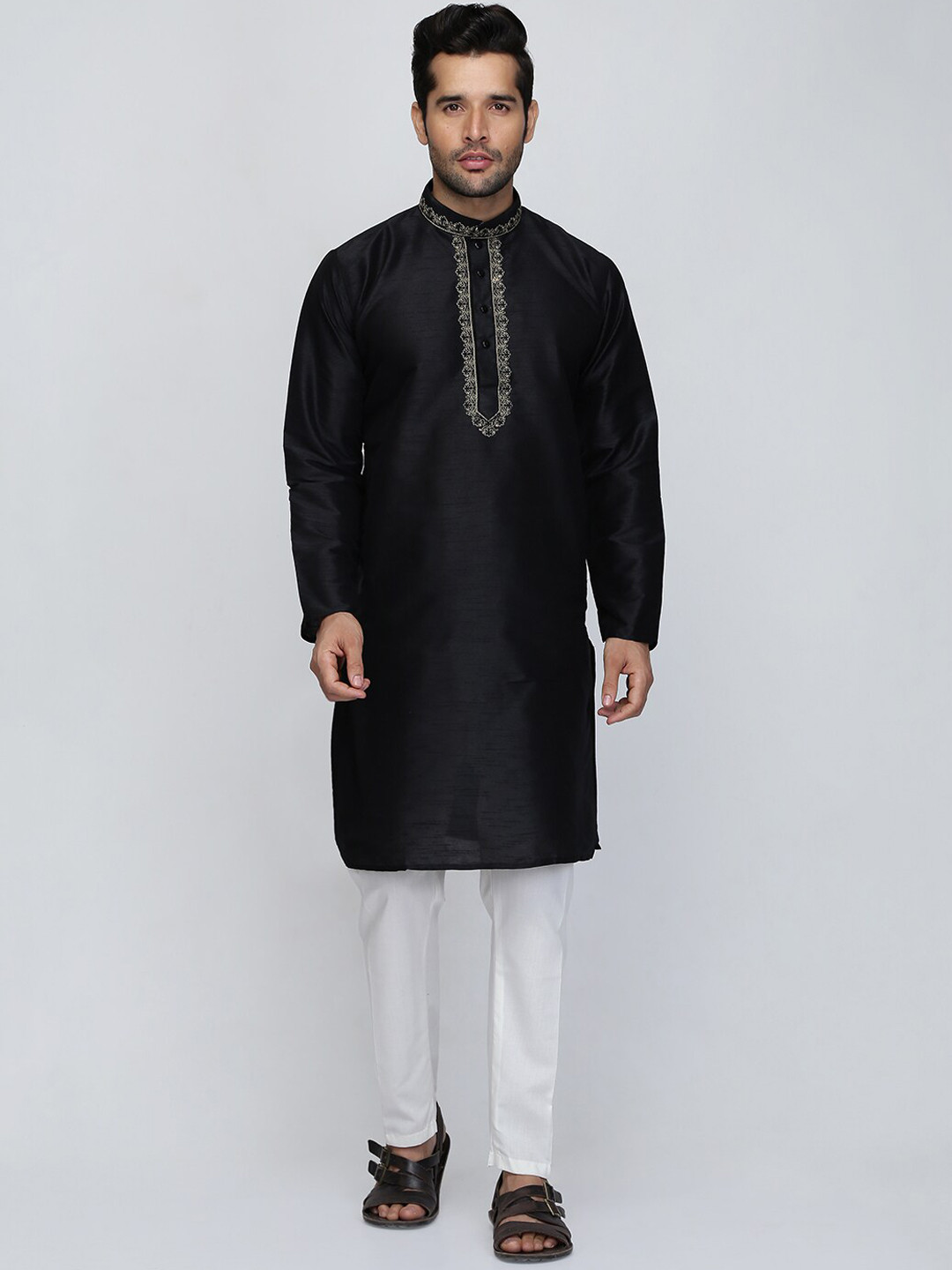 ROYAL KURTA Men Black Art Silk Neck Embroidered Ethnic Kurta