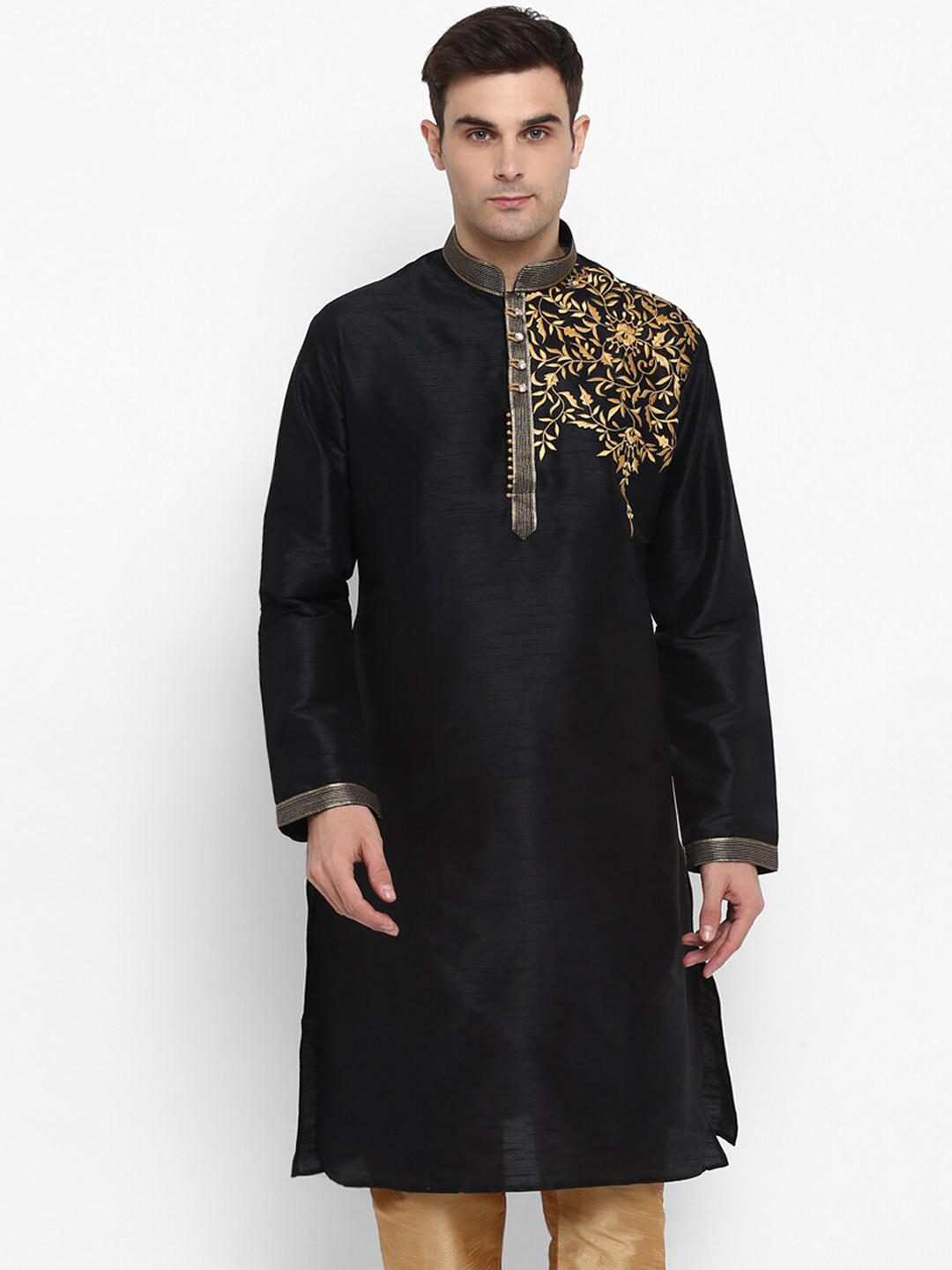 ROYAL KURTA Men Black Floral Yoke Design Thread Work Kurta