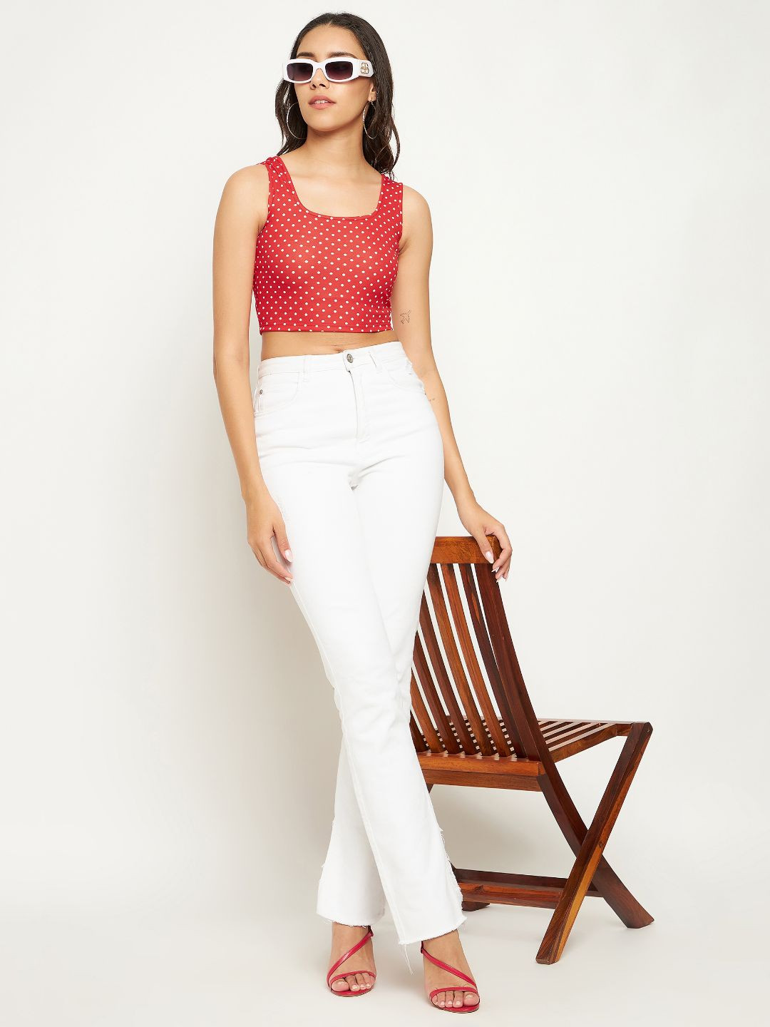 Uptownie Lite Women Red & White Printed Stretchable Round Neck Sleeveless Crop Top