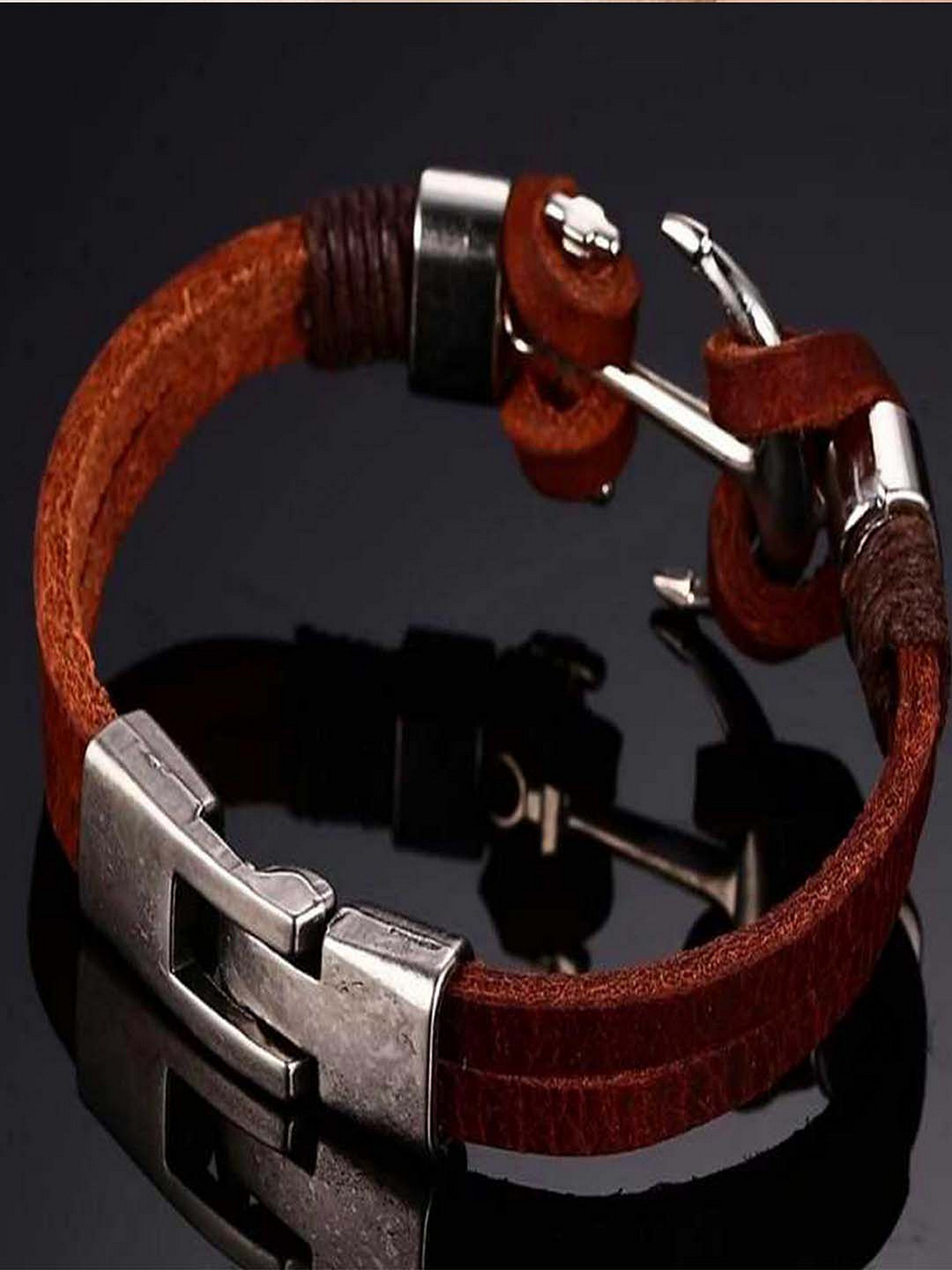 UNIVERSITY TRENDZ Men Brown Leather Stainless Steel Anchor Stylish Wrist Bracelet For Men