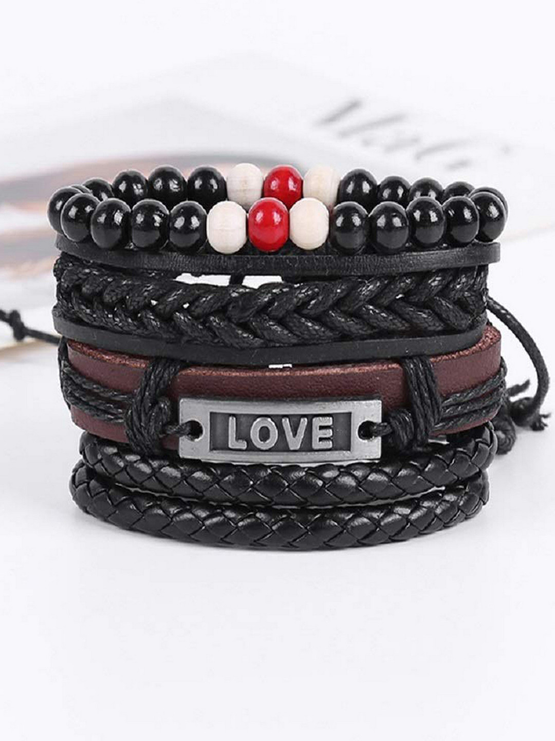 UNIVERSITY TRENDZ Unisex Set of 4 Black & Brown Leather Multistrand Bracelets