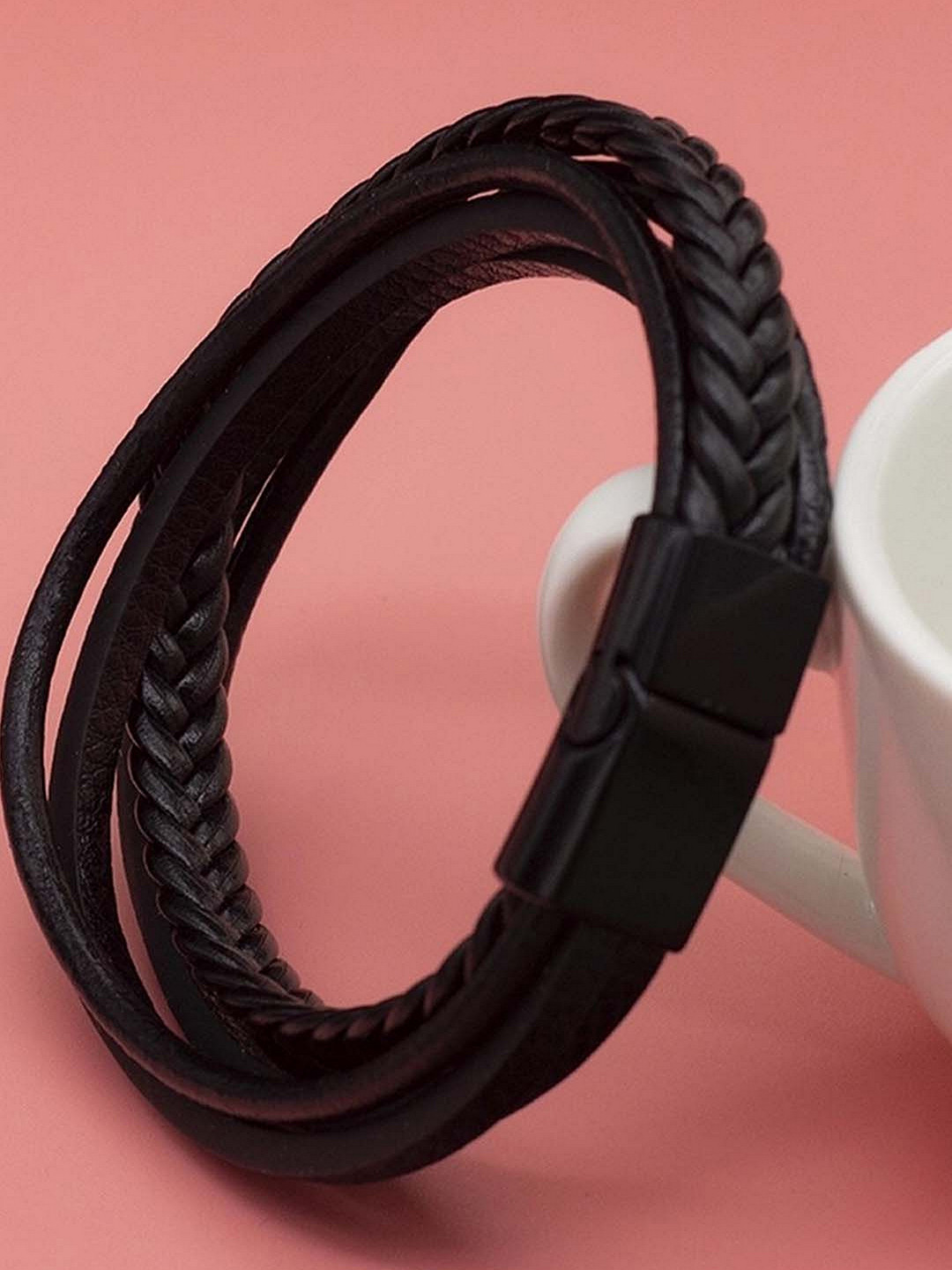 UNIVERSITY TRENDZ Men Black Leather Silver-Plated Multistrand Bracelet