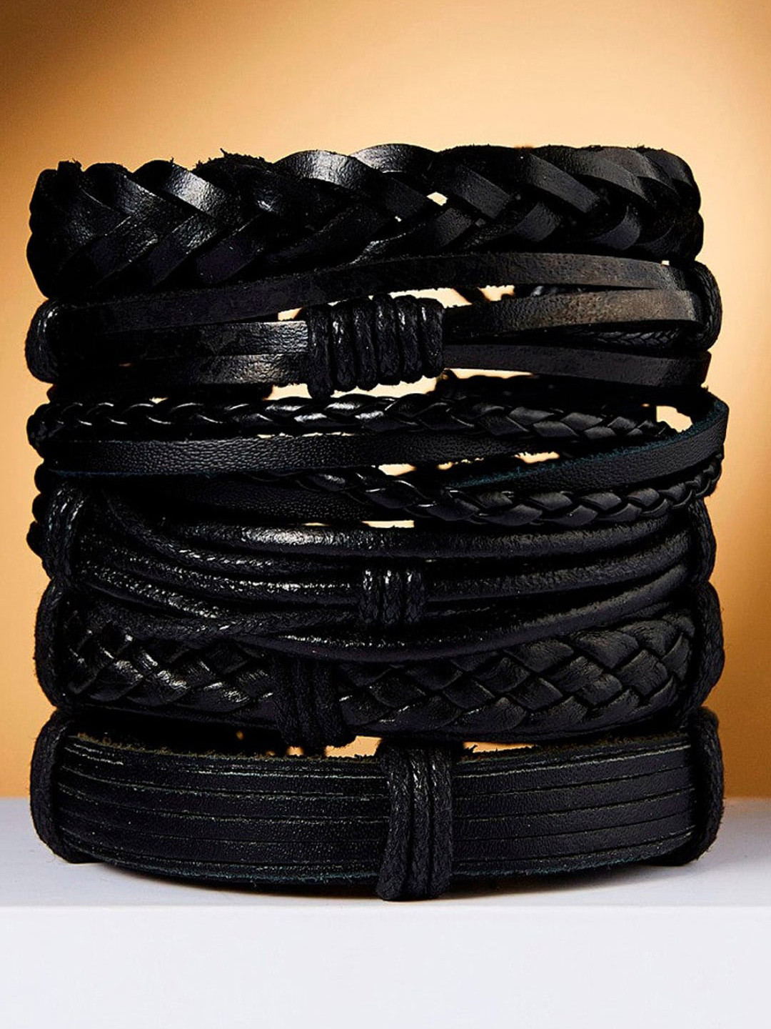 UNIVERSITY TRENDZ Unisex Pack Of 6 Black PU Leather Multistrand African Voguish Bracelet