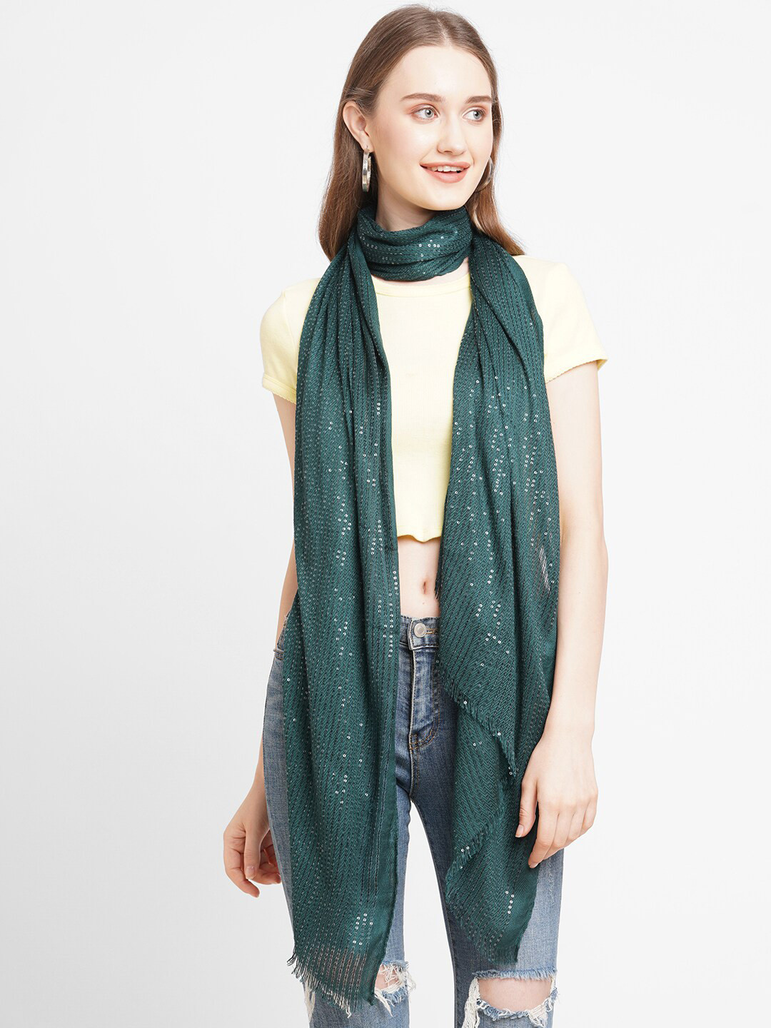 Cloth Haus India Women Green Embroidered Heavy Sequins Scarf