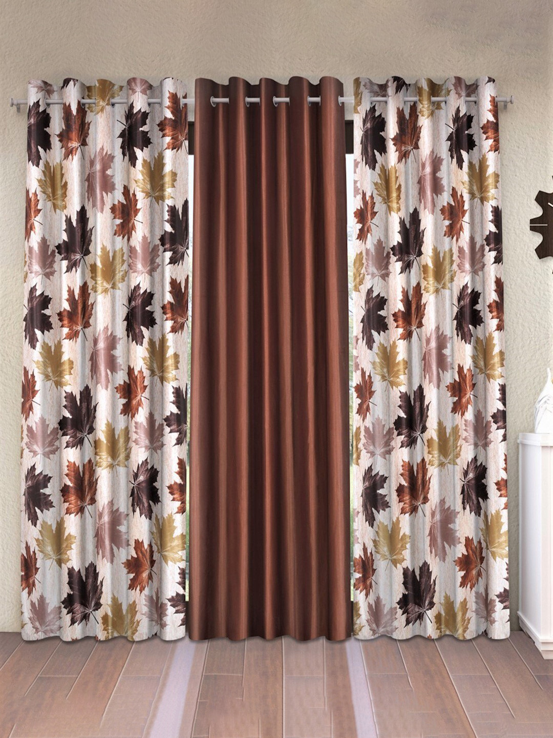 Home Sizzler Set of 2 Maple Floral Leaves and 1 Plain Curtain set