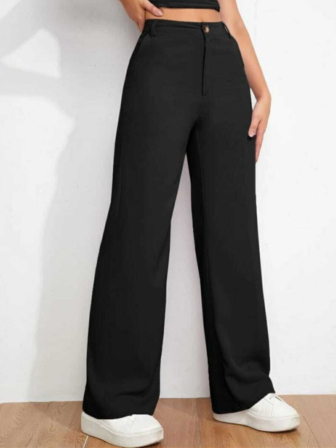 BROADSTAR Women Black Wide Leg Loose Fit  High-Rise  Trouser