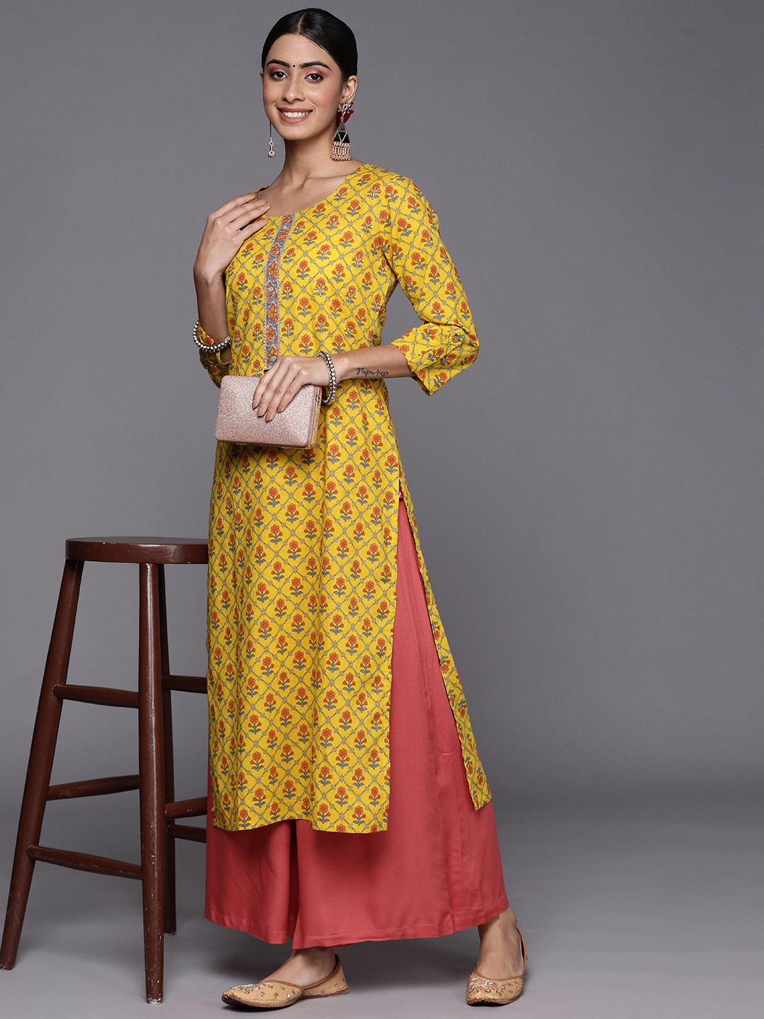 Varanga Women Yellow & Pink Ethnic Motifs Printed Sequin Cotton Kurta