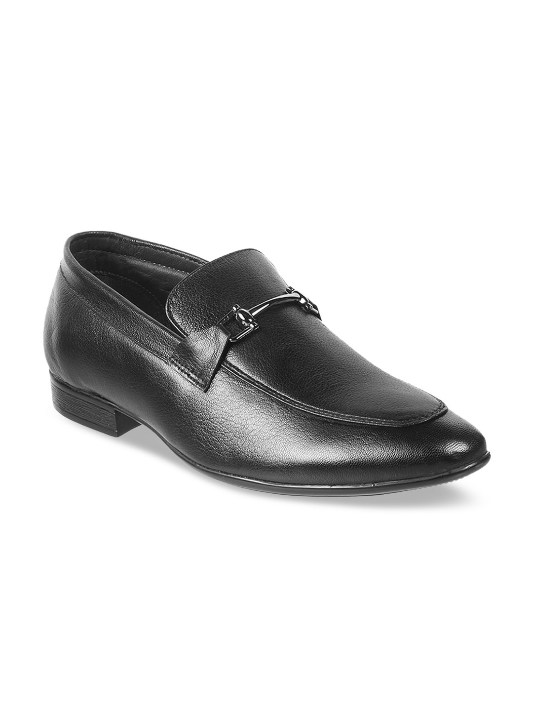 Mochi Men Black Solid Leather Formal Slip-Ons