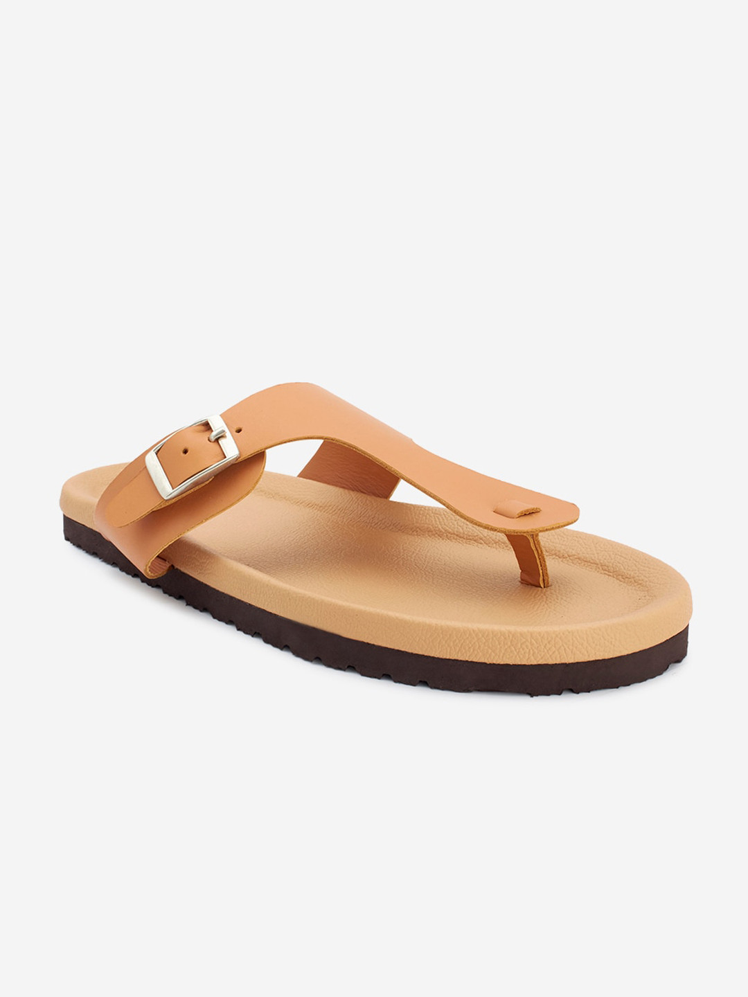 THE MADRAS TRUNK Men Tan Leather T-Strap Comfort Sandals with Buckles