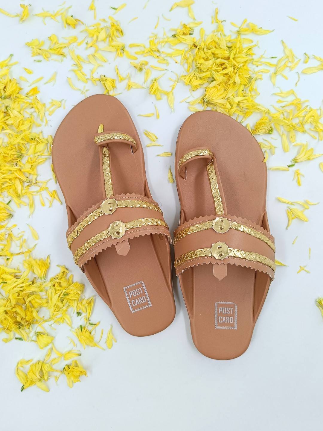 POSTCARD Women Tan & Gold-Toned Braided Ethnic Kolhapuri One Toe Flats