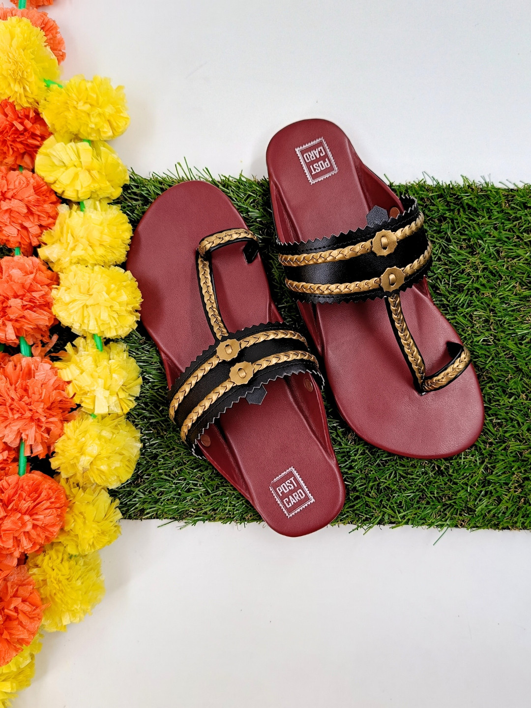 POSTCARD Kolhapuris Maroon & Black Braided One Toe Kolhapuri Flats