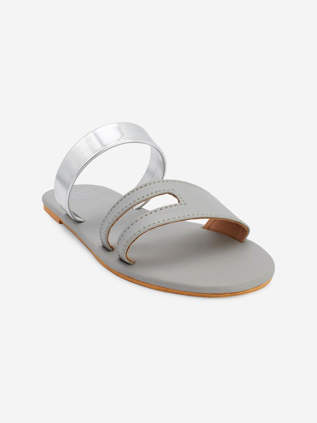 POSTCARD Women Grey Leather Open Toe Flats