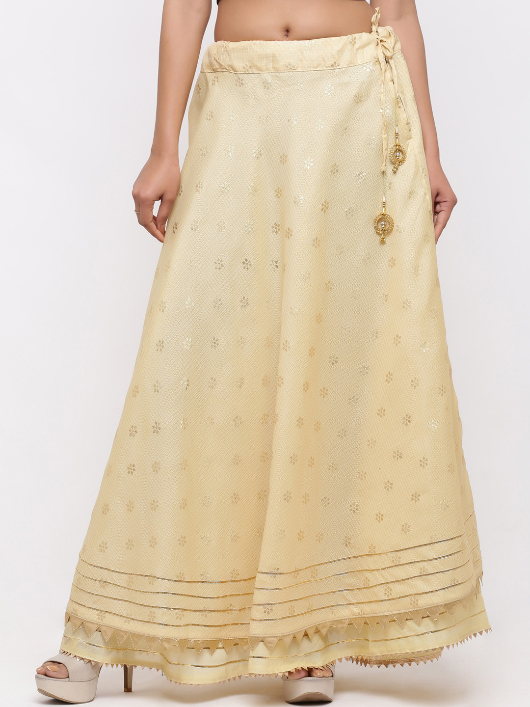 SOUNDARYA Women Beige Printed Flared Maxi Pure Cotton Skirts