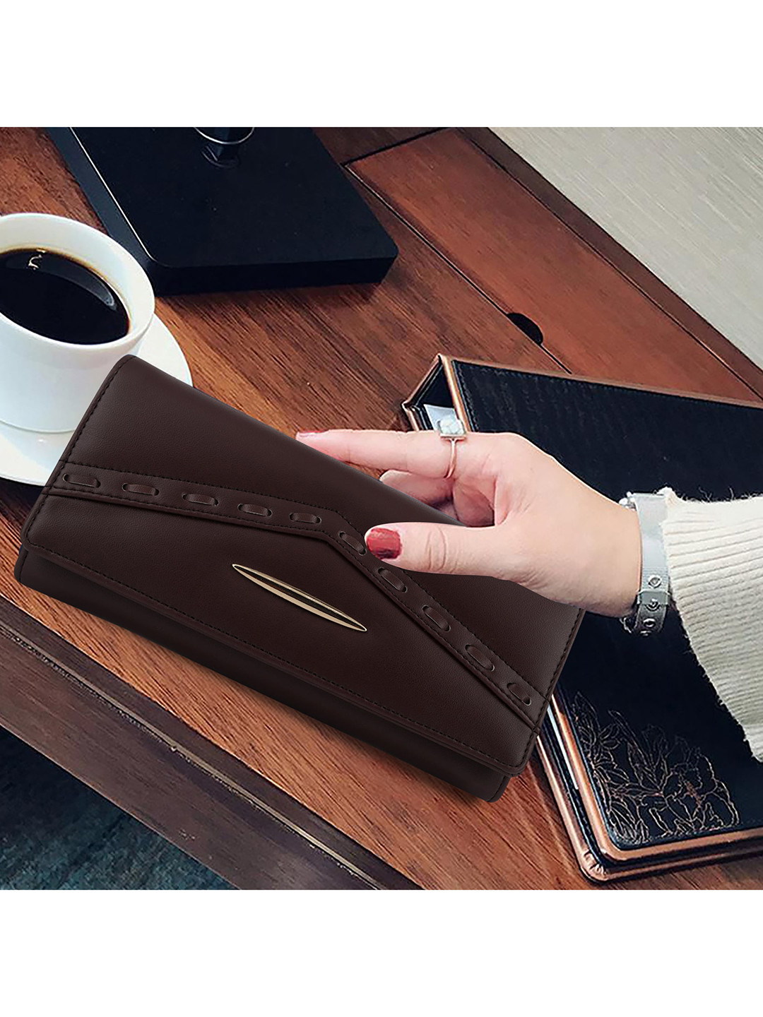 YESSBENZA Brown Solid Envelope Clutch