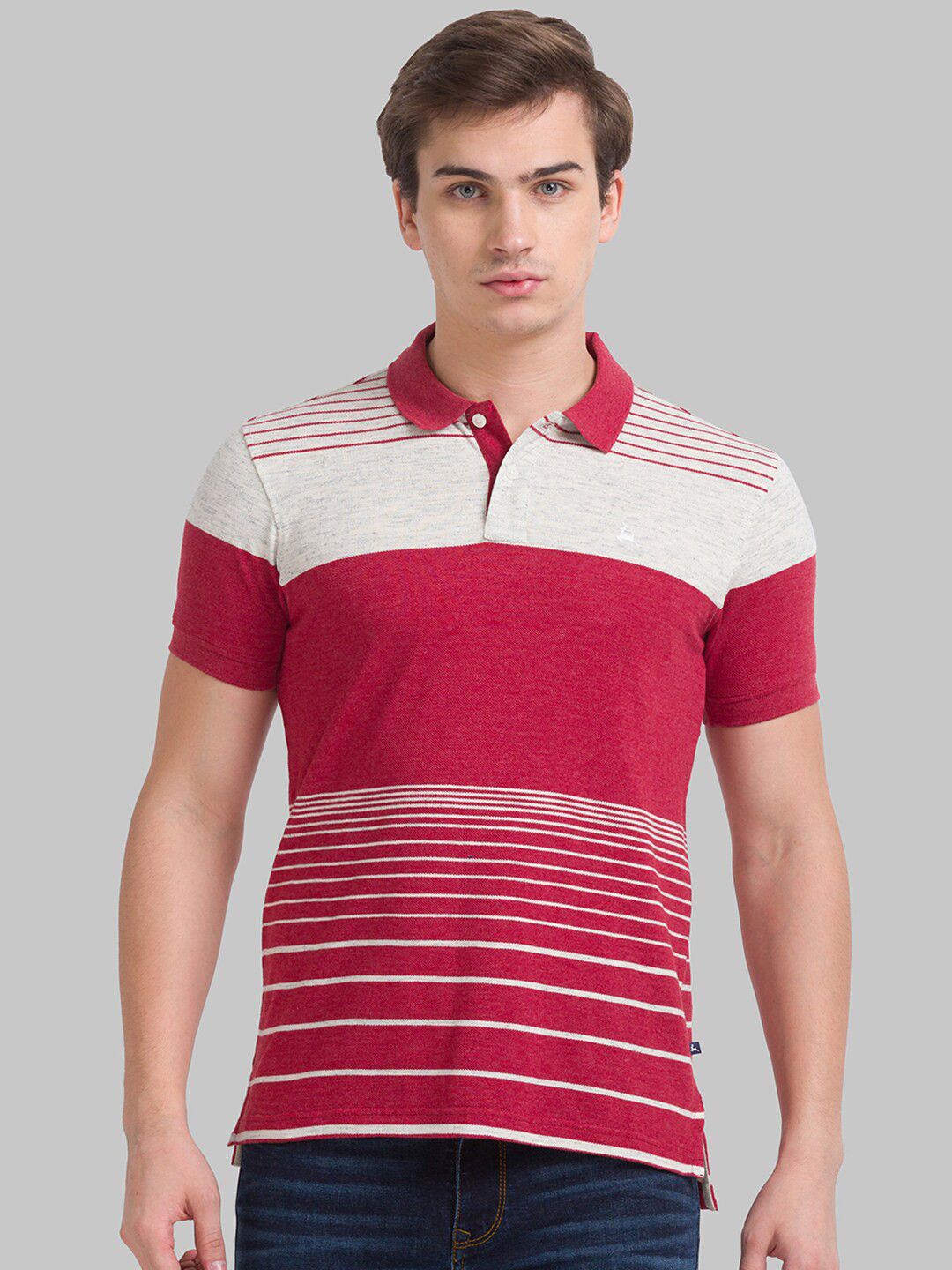 Parx Men Orange Striped Polo Collar T-shirt