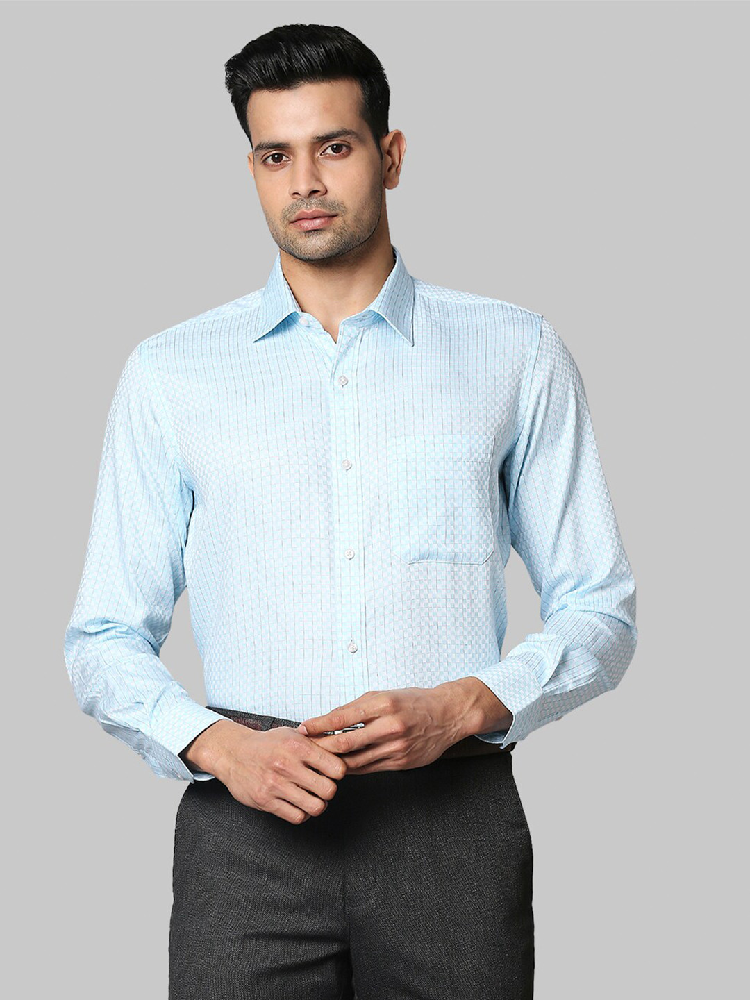 Raymond Men Blue Checked Cotton Formal Shirts