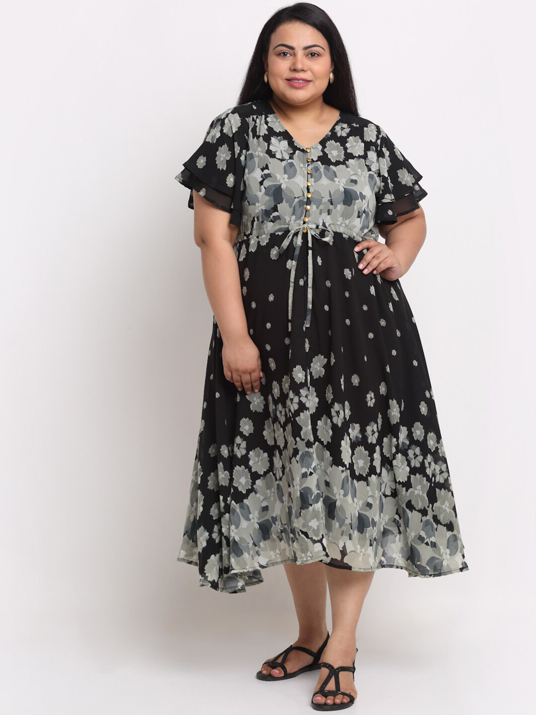 sindrellastorie Black Floral Georgette A-Line Dress