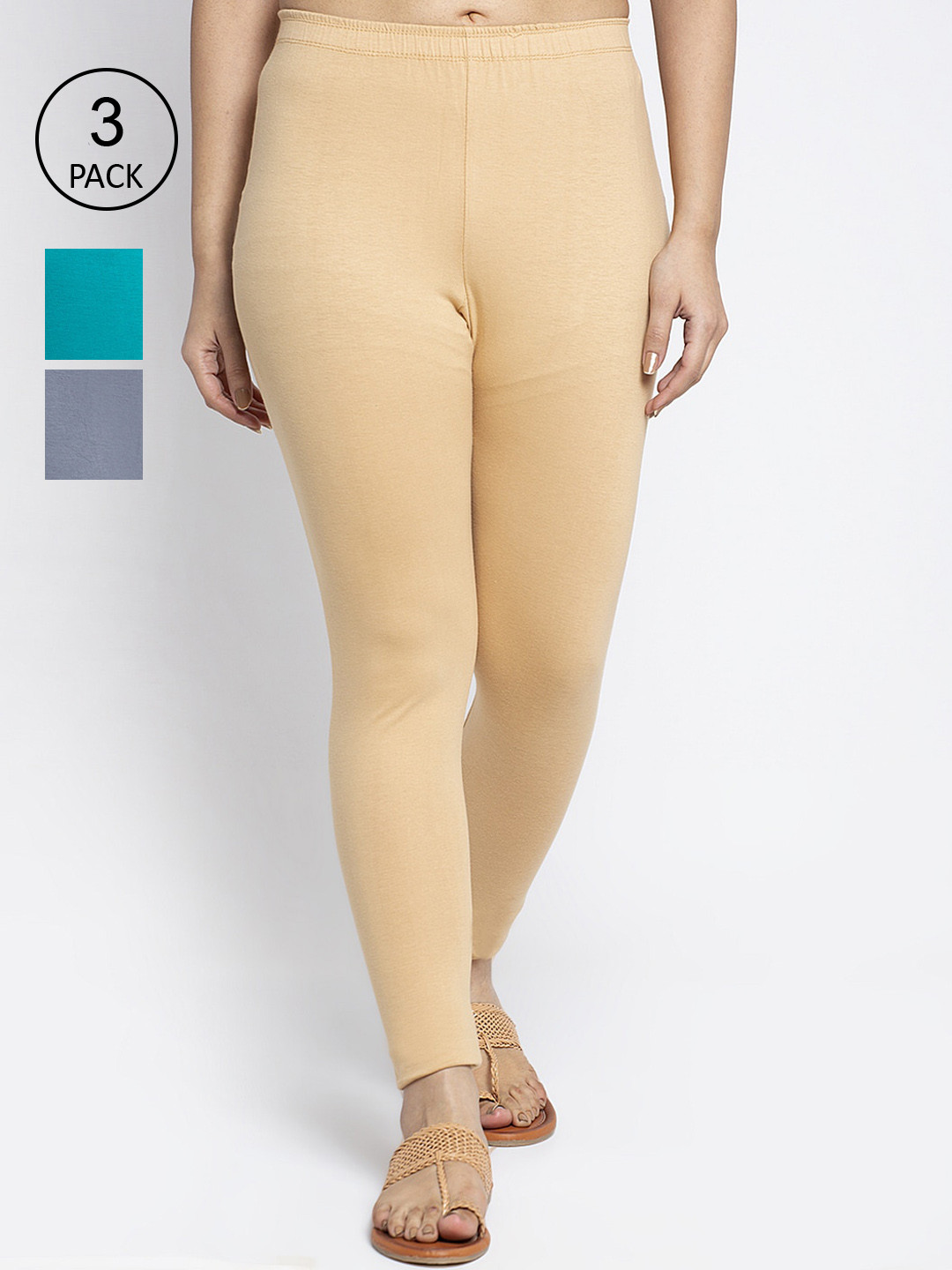 Jinfo Women Beige, Blue and Grey Pack Of 3 Solid Ankle-Length Leggings