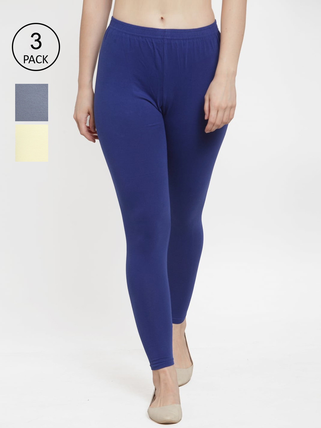 Jinfo Women Grey Blue Cream-Coloured Pack Of 3 Solid Ankle-Length Leggings