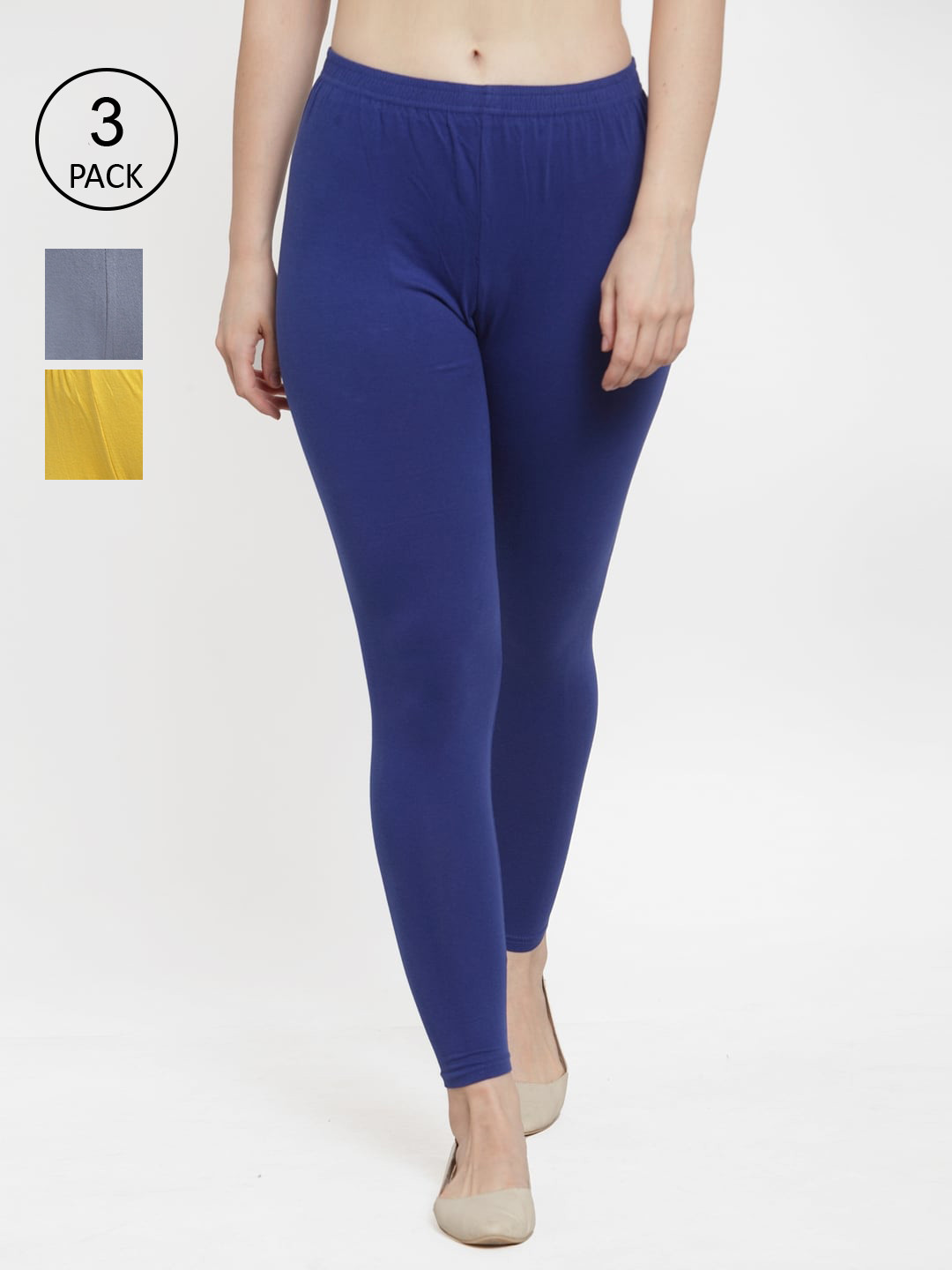 Jinfo Women Pack Of 3 Solid Grey & Blue Ankle-Length Leggings
