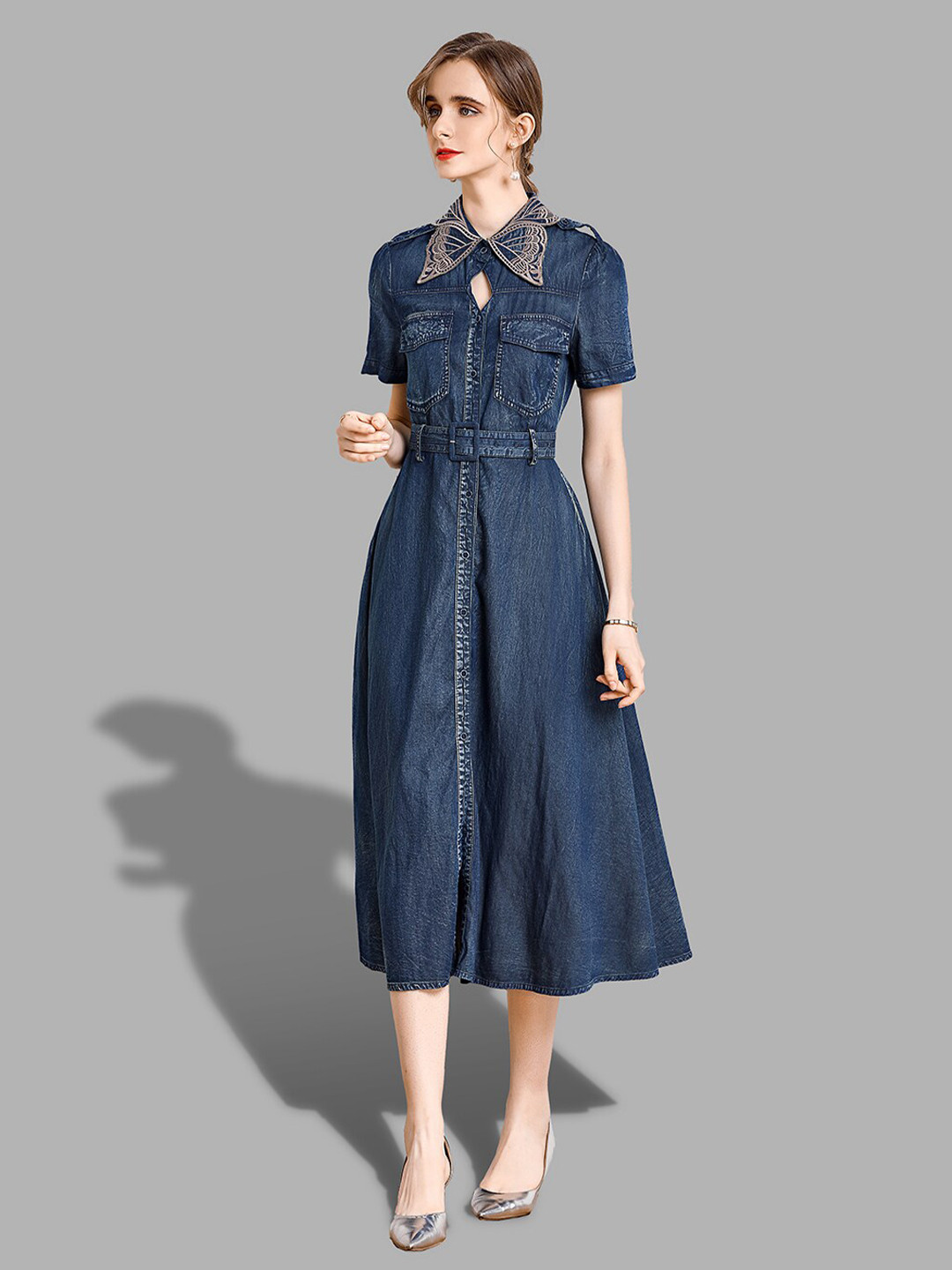 JC Collection Women Blue Midi Shirt Collar Dress