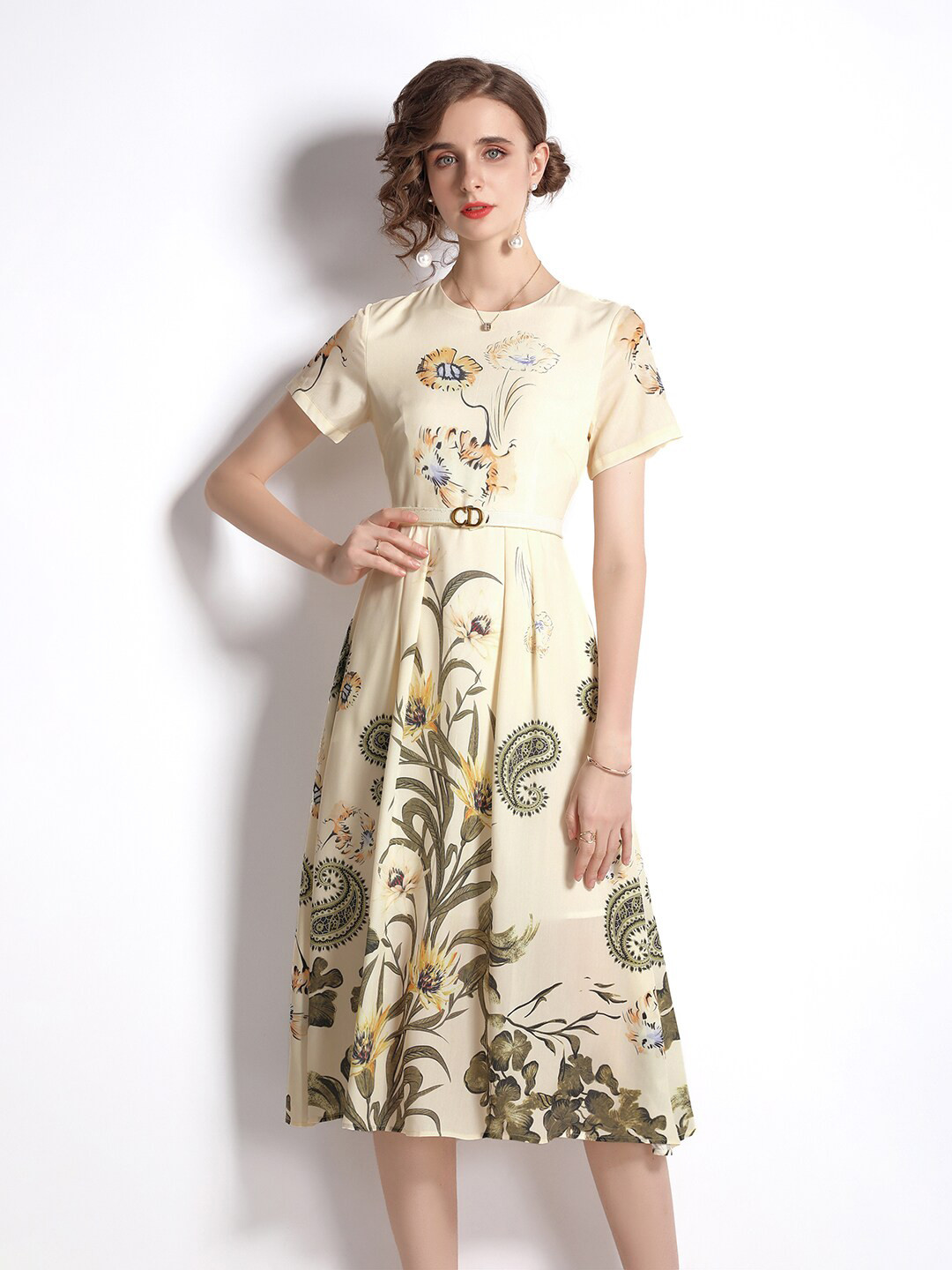 JC Collection Women Beige & Green Floral Flared Dress