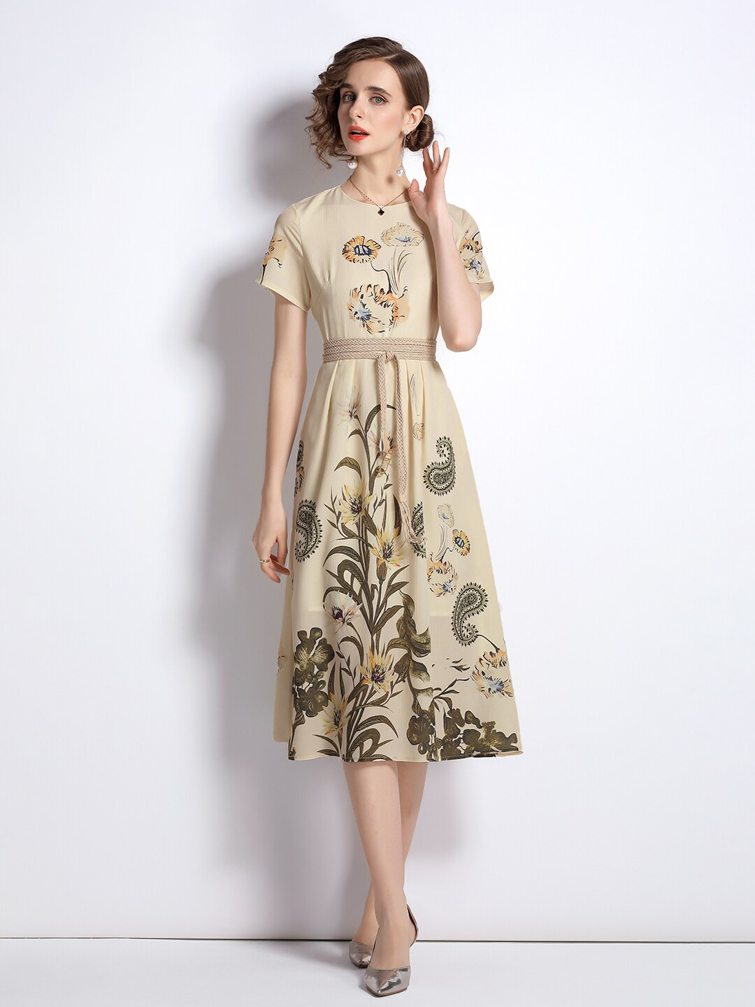 JC Collection Beige Printed Ethnic Motifs Formal Midi Dress