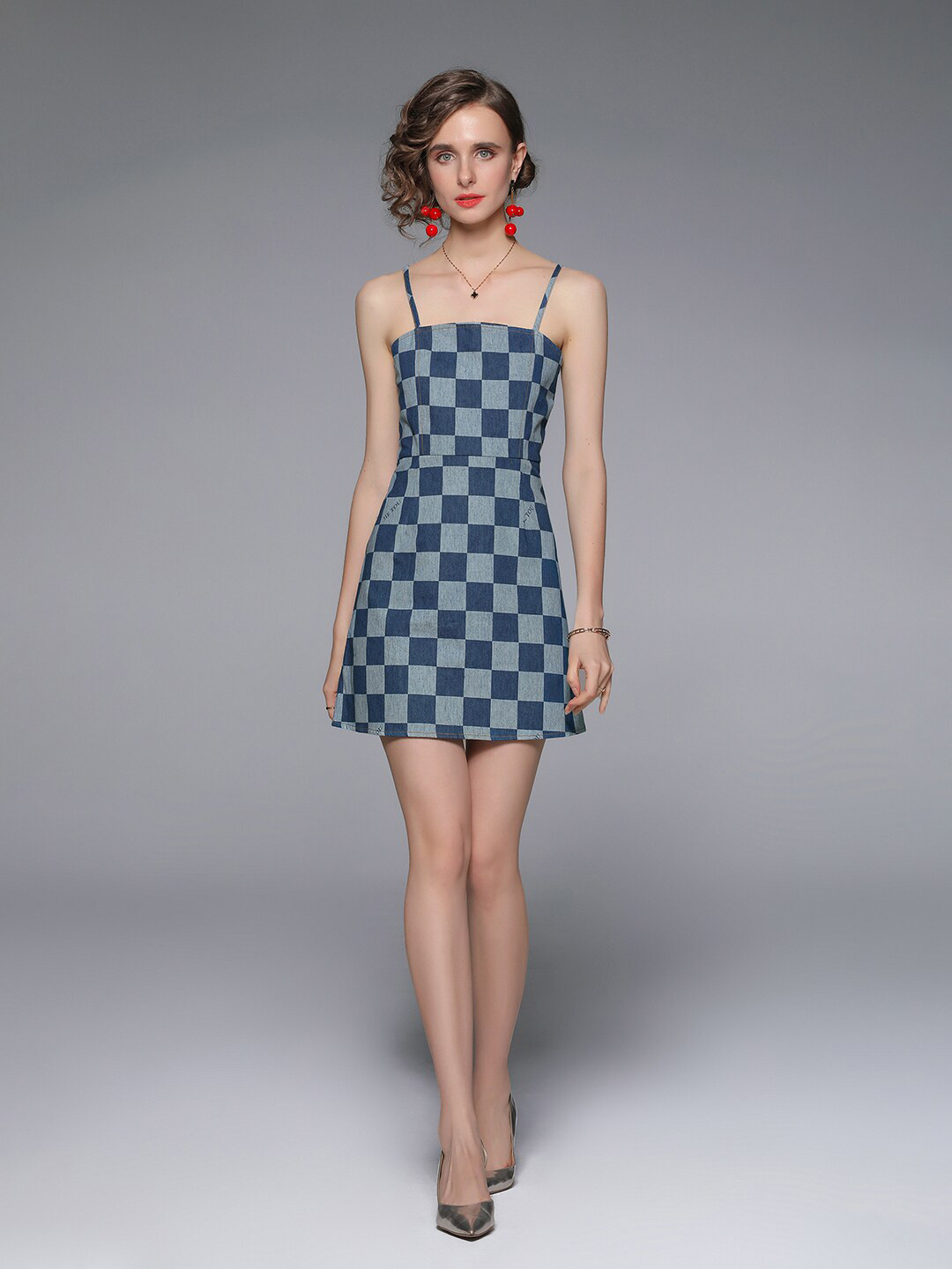 JC Collection Blue Checked A-Line Mini Dress