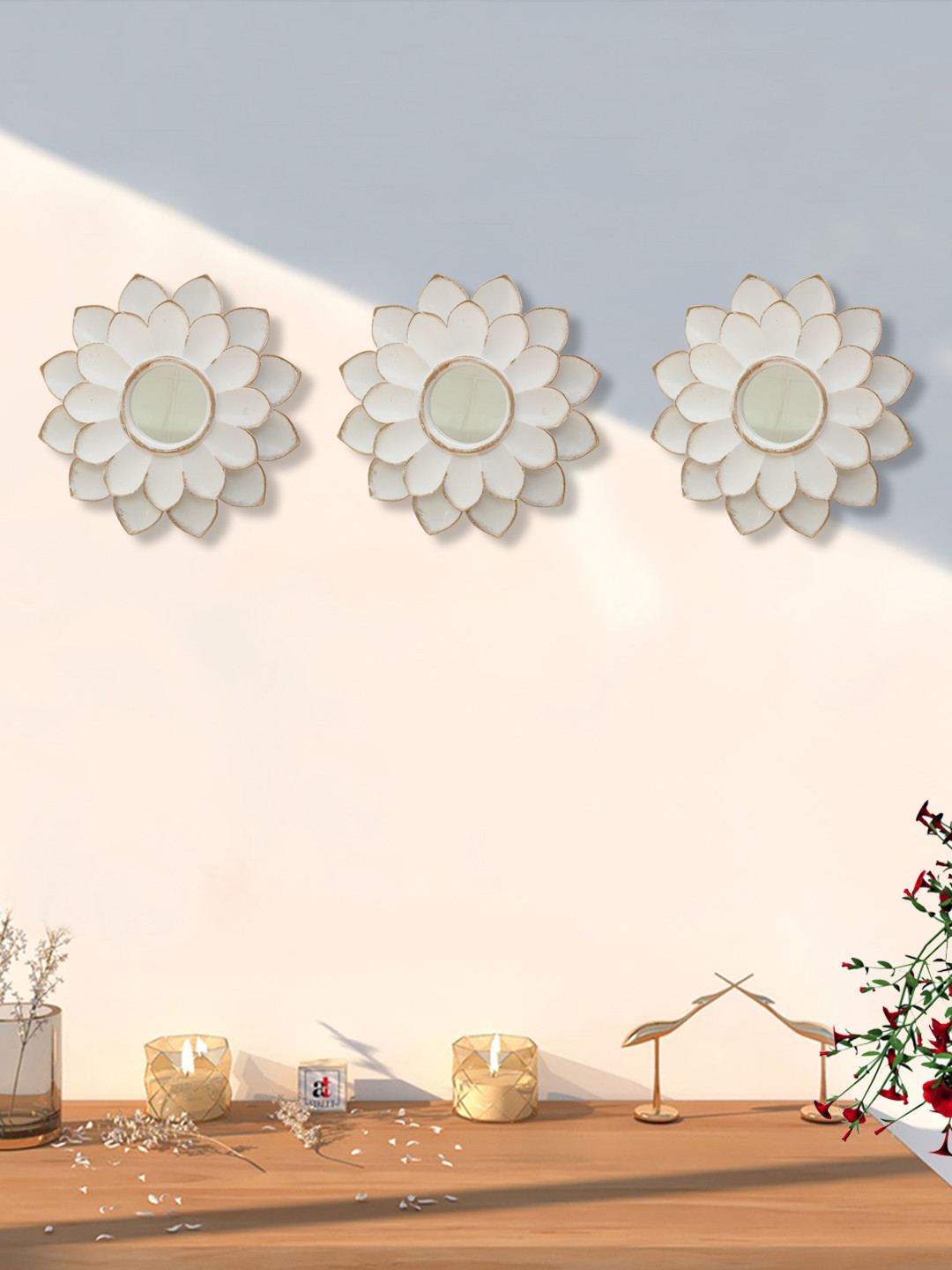 Art Street Set Of 3  White Textured Lotus Flower Shaped Mirrors