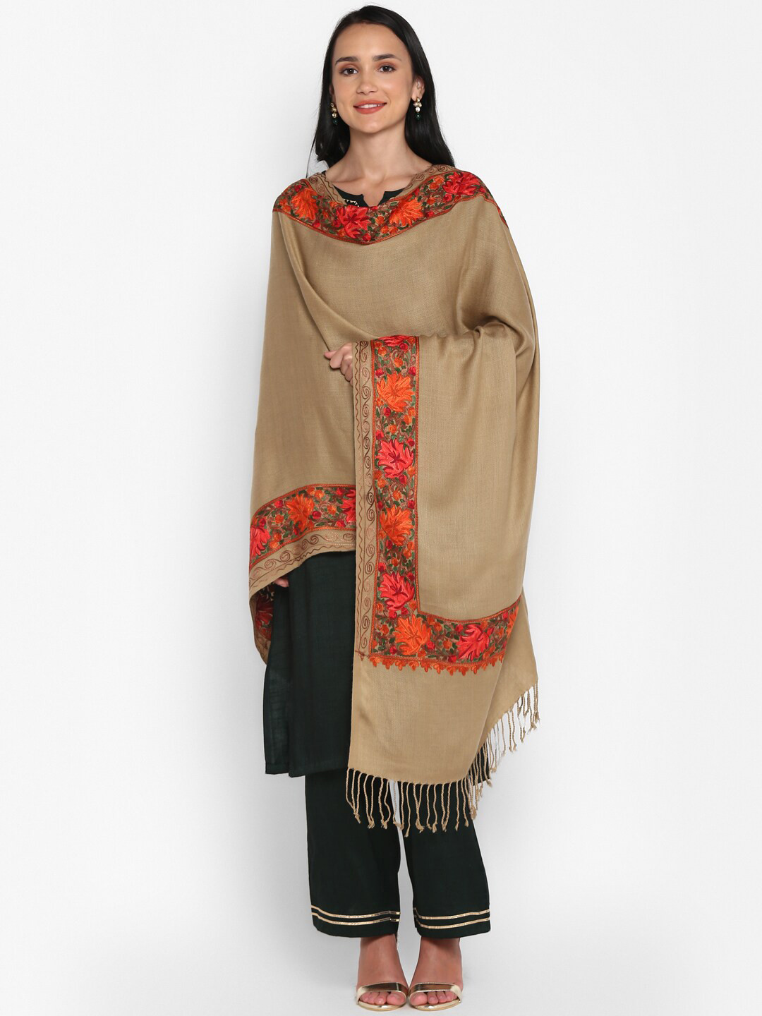 Zamour Women Brown & Orange Kashmiri Embroidered Stole