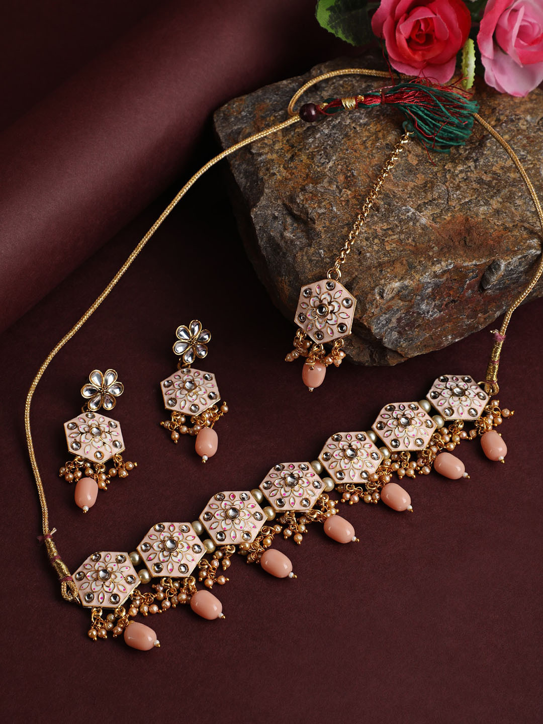 Jazz and Sizzle Gold-Plated Peach & Pink Meenakari Jewellery Set with Maangtika