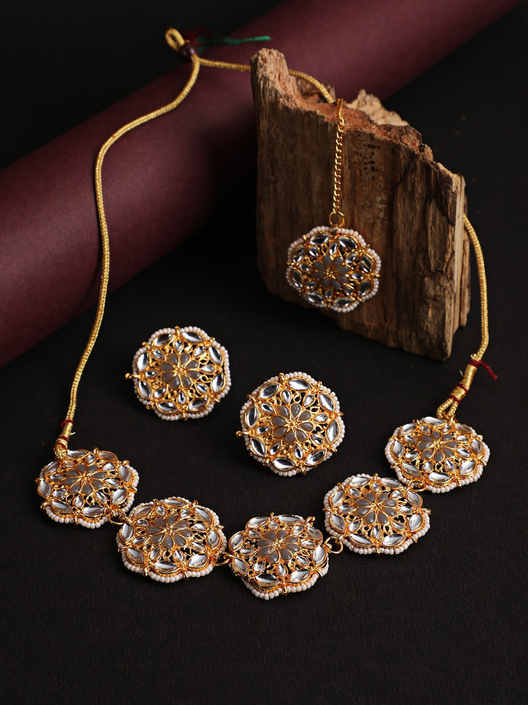 Jazz and Sizzle Gold-Plated Grey & White Kundan-Studded & Beaded Jewellery Set