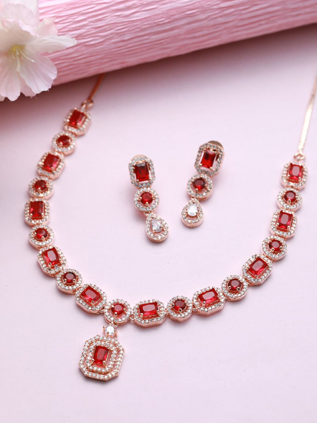 Jazz and Sizzle Red American Diamond Rose Gold-Plated &CZ Studded Jewellery Set