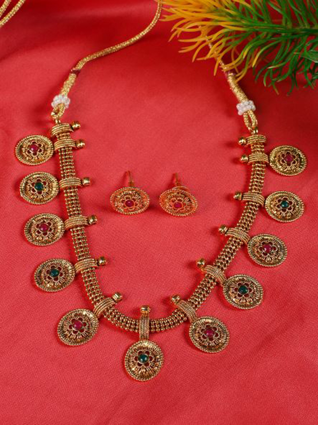 Jazz and Sizzle Gold-Plated Red & Green Stone Studded Jewellery Set
