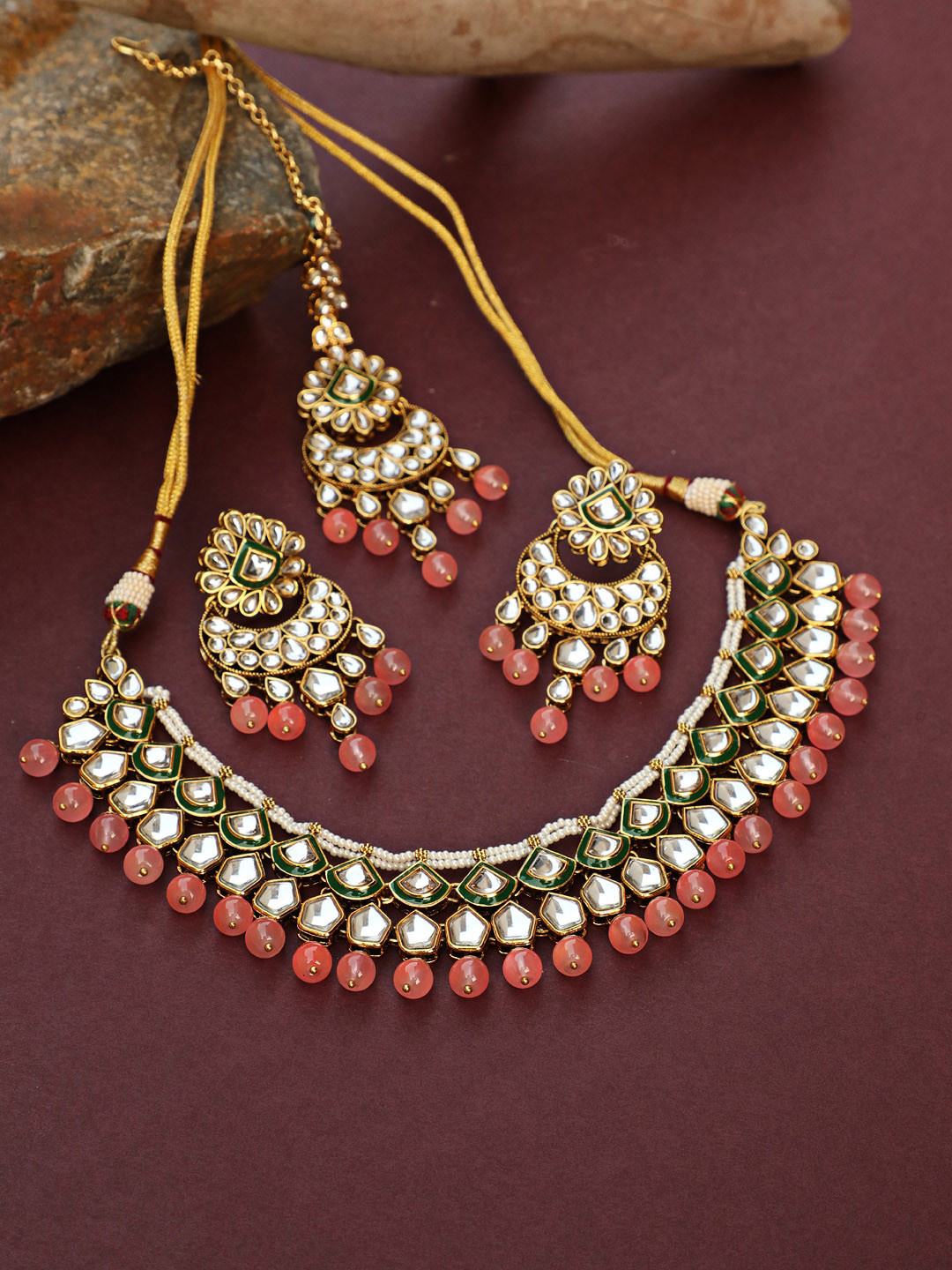 Jazz and Sizzle Women Gold-Plated Pink & White Stone Studded & Beaded Jewellery Set