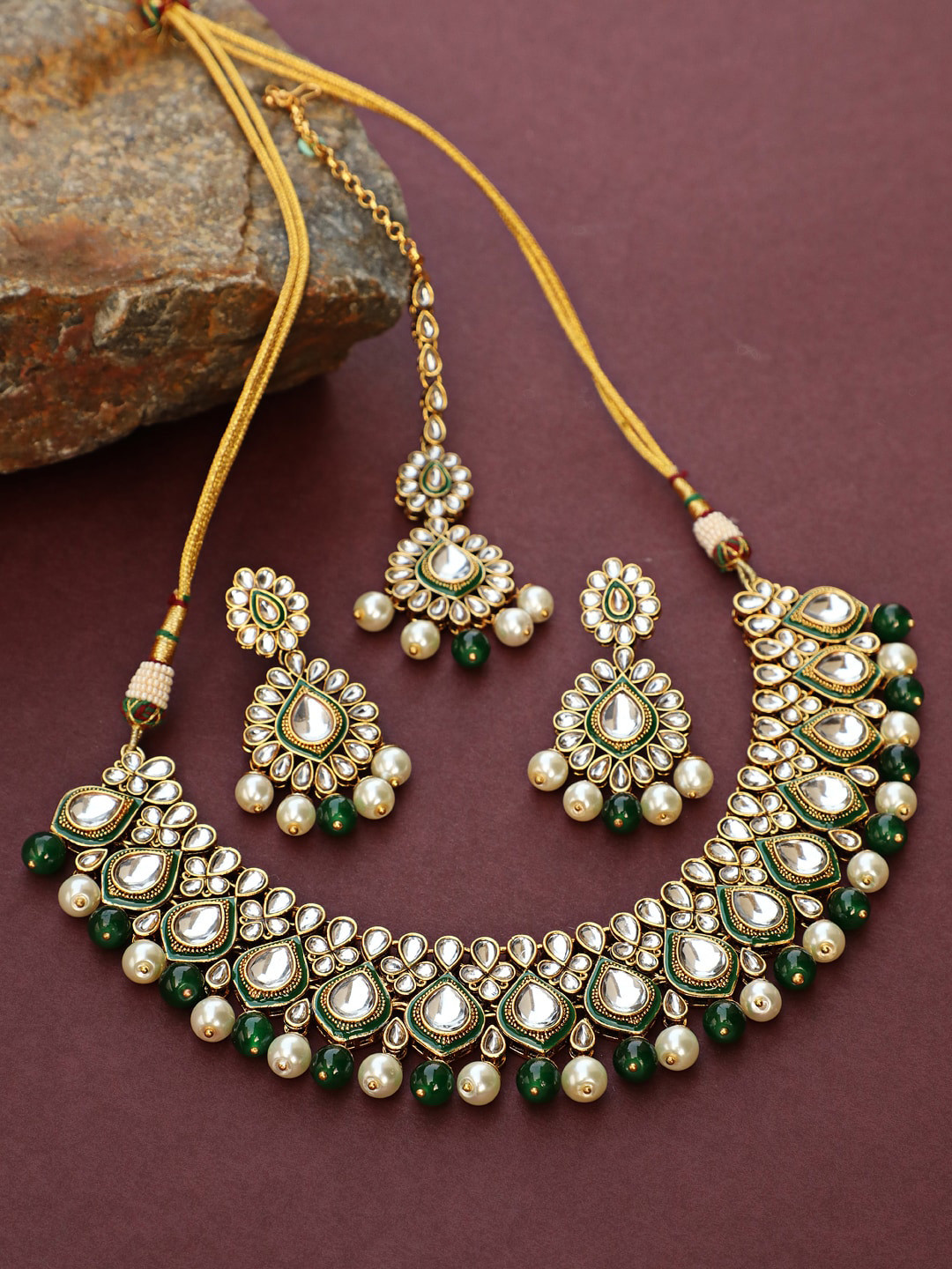 Jazz and Sizzle Gold-Plated Green & White Kundan-Studded Beaded Jewellery