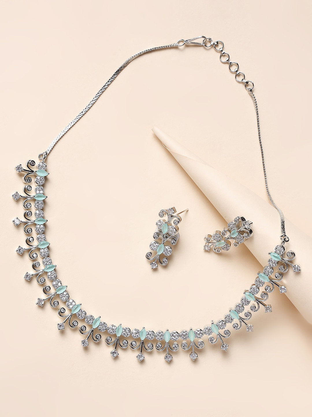 Jazz and Sizzle Women Silver-Plated White & Green AD Stone Studded Jewelry Set
