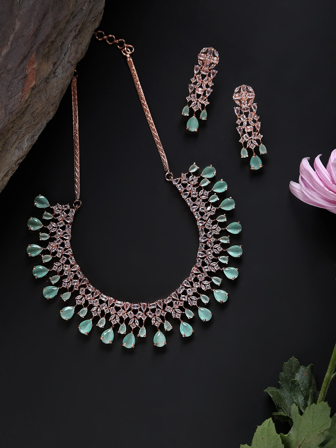 Jazz and Sizzle Rose Gold-Plated Green AD -Studded & Beaded Jewellery Set