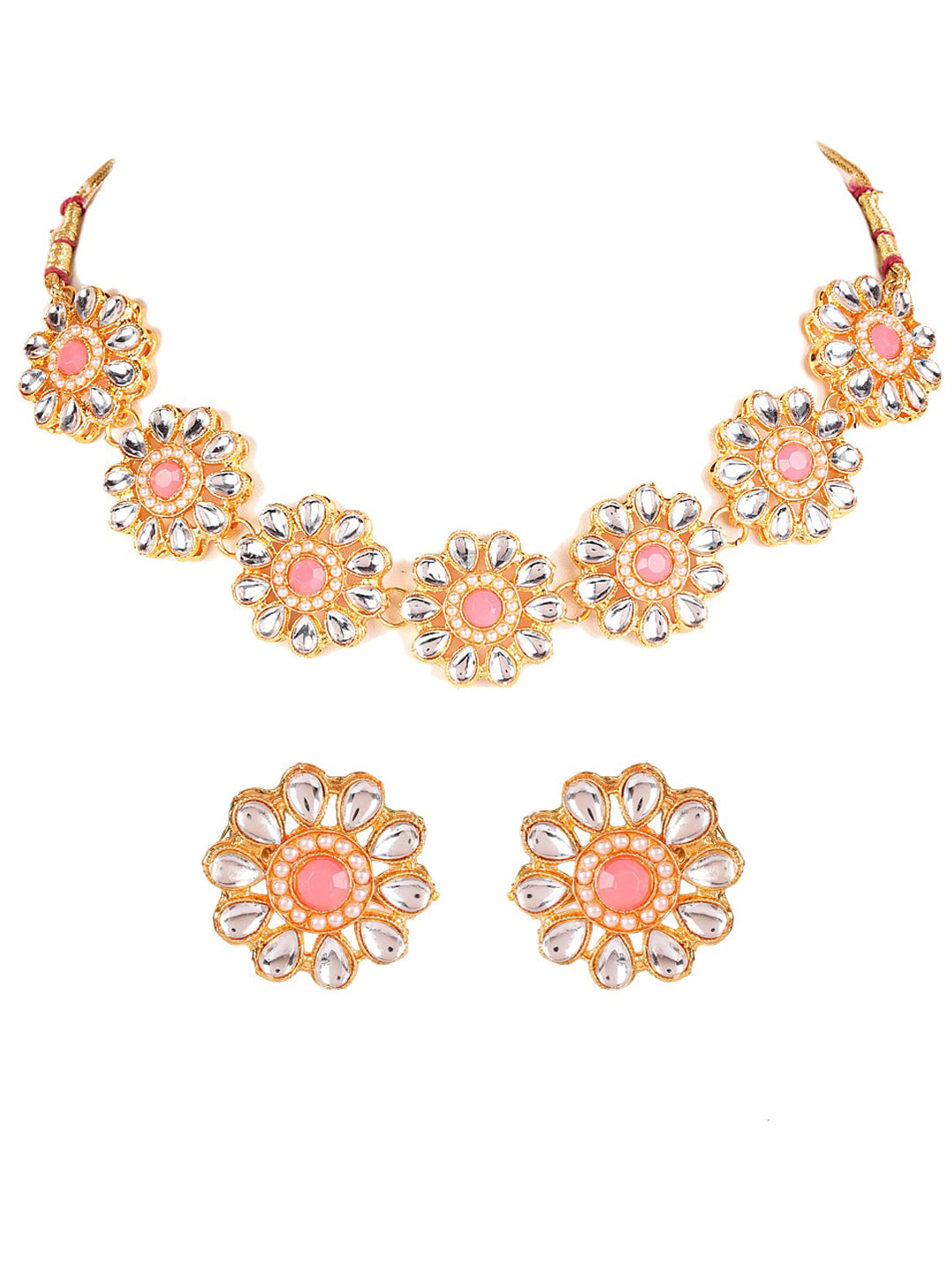 Jazz and Sizzle Gold-Plated Pink & White Kundan Studded Traditional Jewellery Set